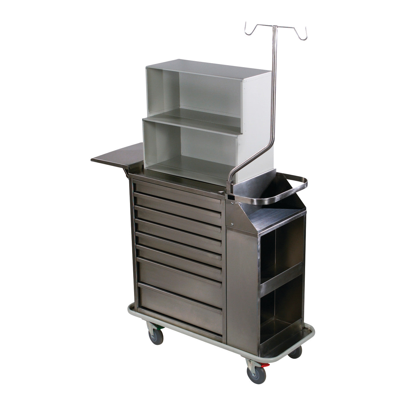 A Harloff 8-Drawer Stainless Steel Cast Cart with a top compartment, IV pole, and shelves, equipped with wheels for mobility.