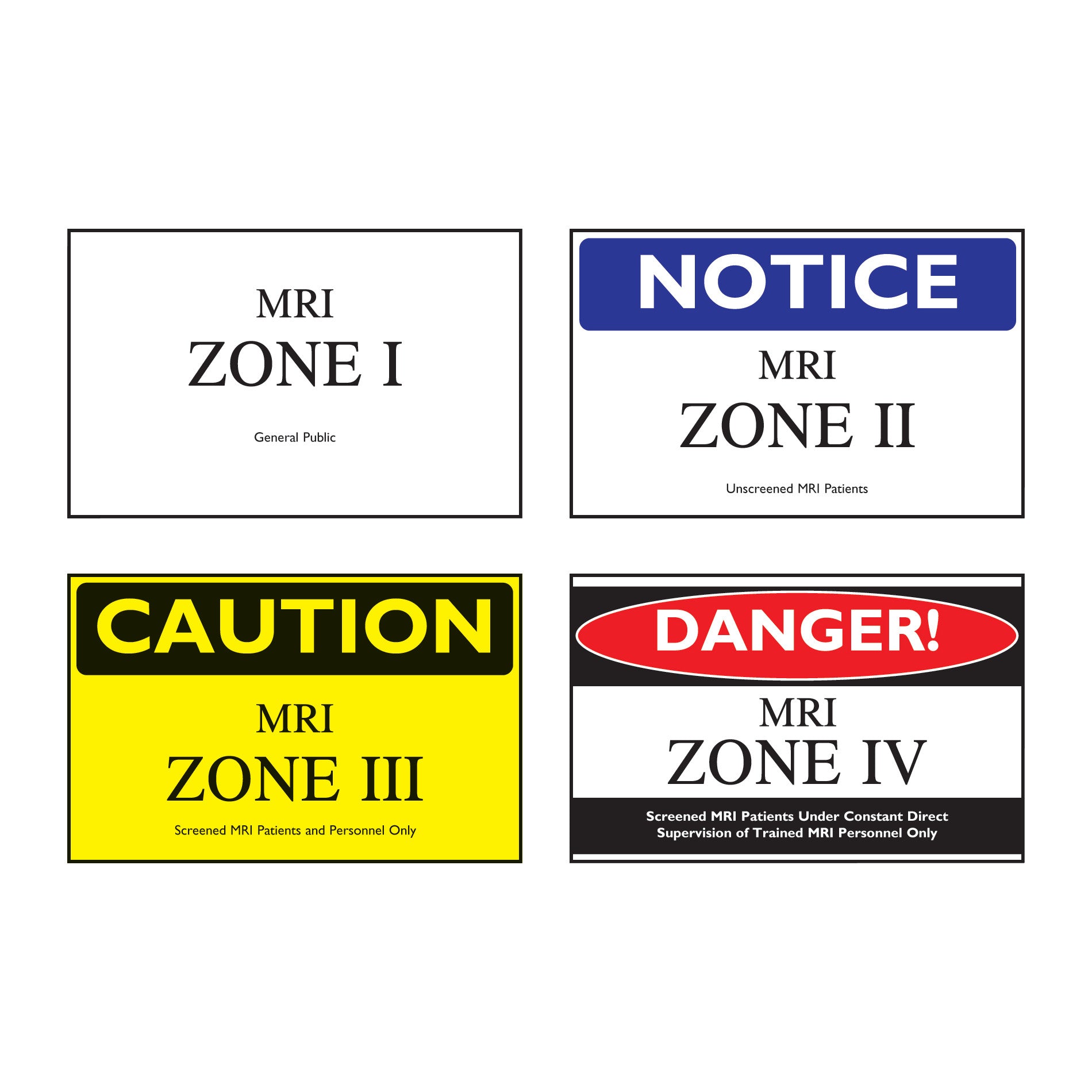 MRI Zone Sign Combo Pack with four signs labeled Zone I for general public, Zone II for unscreened patients, Zone III with caution, and Zone IV with danger.