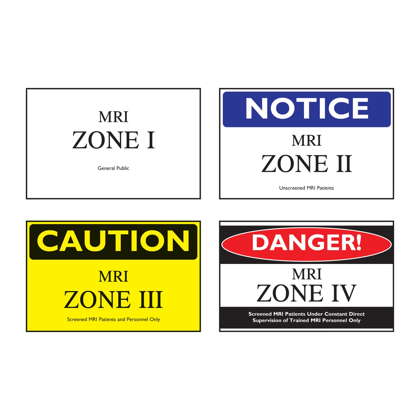 MRI Zone Sign Combo Pack with four signs labeled Zone I for general public, Zone II for unscreened patients, Zone III with caution, and Zone IV with danger.