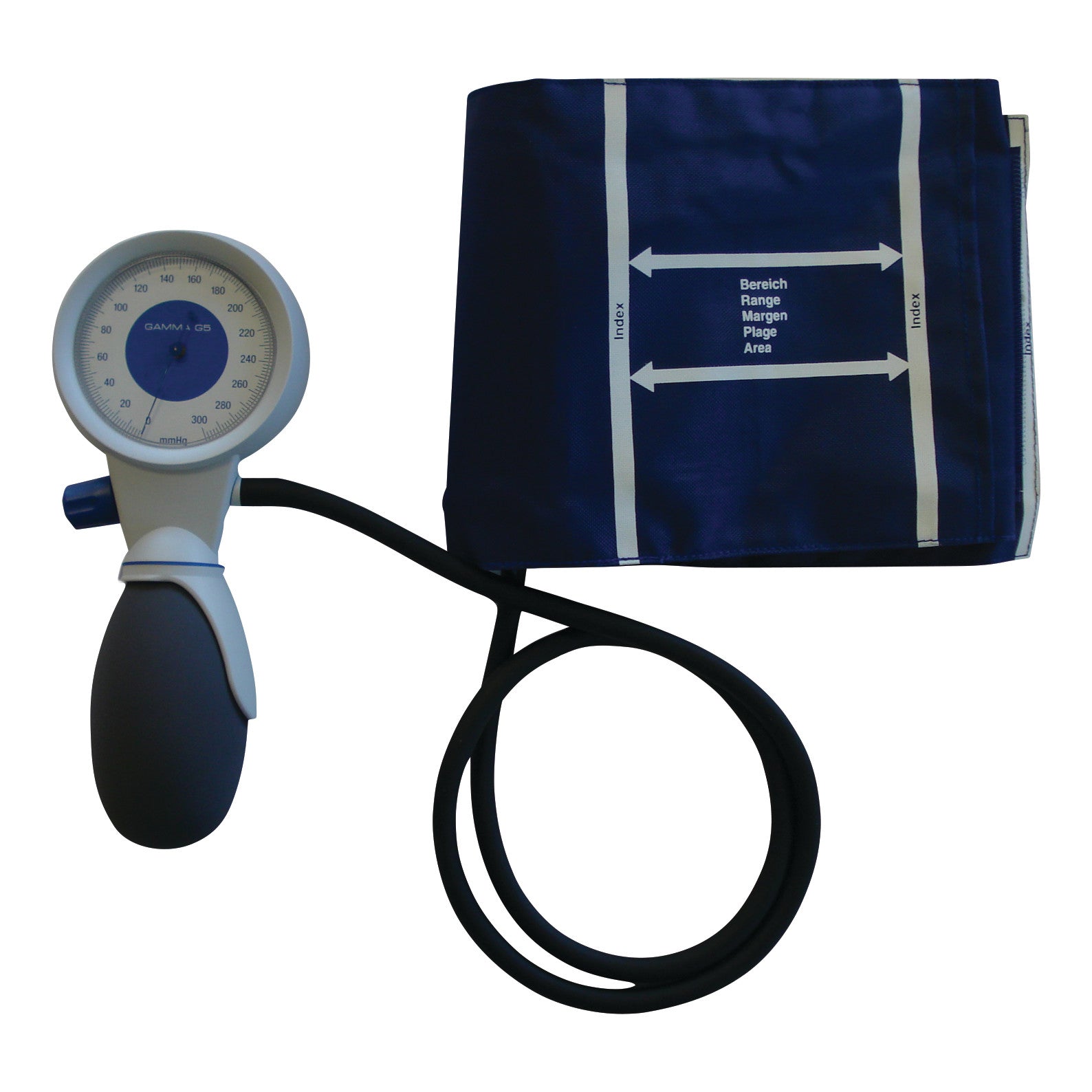MRI Sphygmomanometer with a blue cuff and black inflation bulb, used for measuring blood pressure, displayed on a white background.