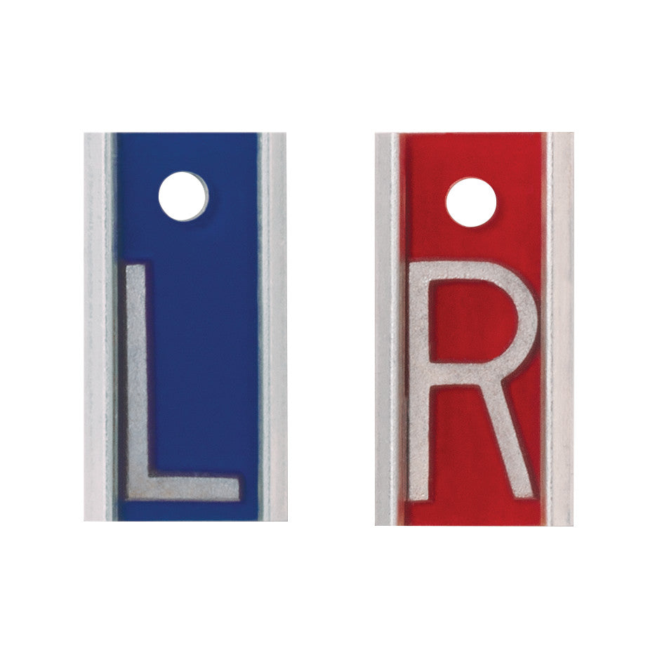 Aluminum Left/Right X-Ray Marker Set features a blue "L" and red "R," each with a circular hole, used for identifying sides on X-rays.