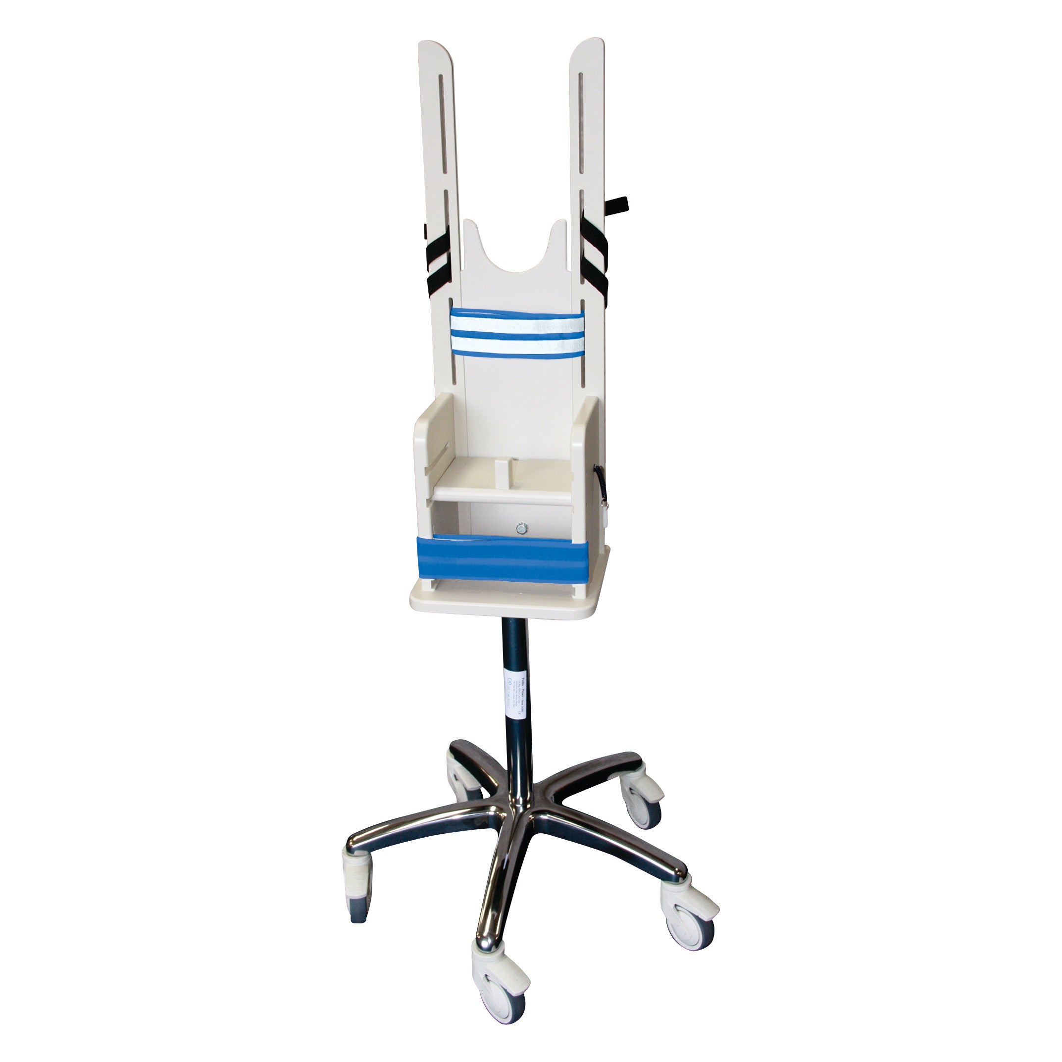 The Pedia Poser is a child positioning chair with adjustable straps on a wheeled base designed for medical examinations.