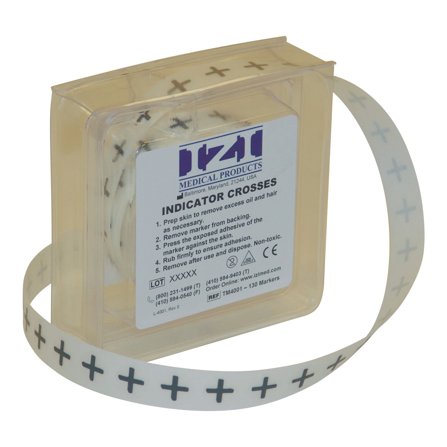 A plastic box contains Indicator Radiopaque Marker strips with plus signs, used for medical purposes.