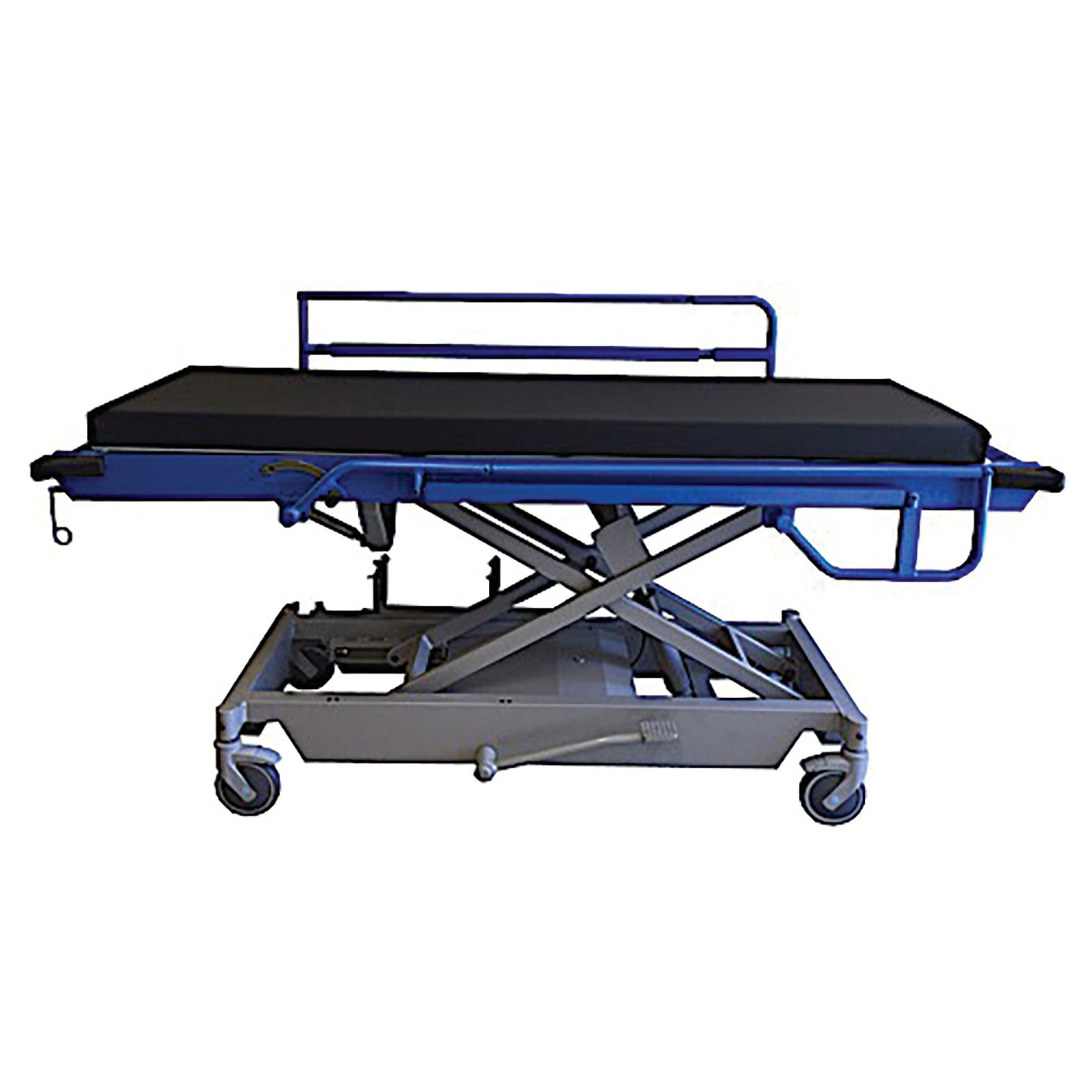 MRI Adjustable-Height Stretcher with a black mattress, blue side rails, and a wheeled, scissor-lift mechanism for mobility.