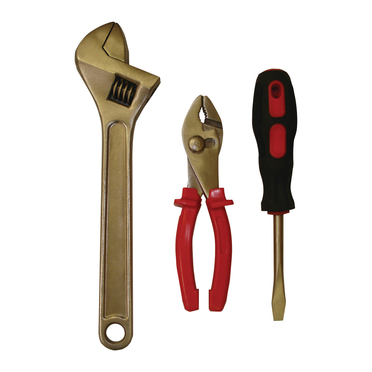 MRI 3-Piece Tool Kit featuring an adjustable wrench, pliers with red handles, and a flathead screwdriver with a black and red handle.