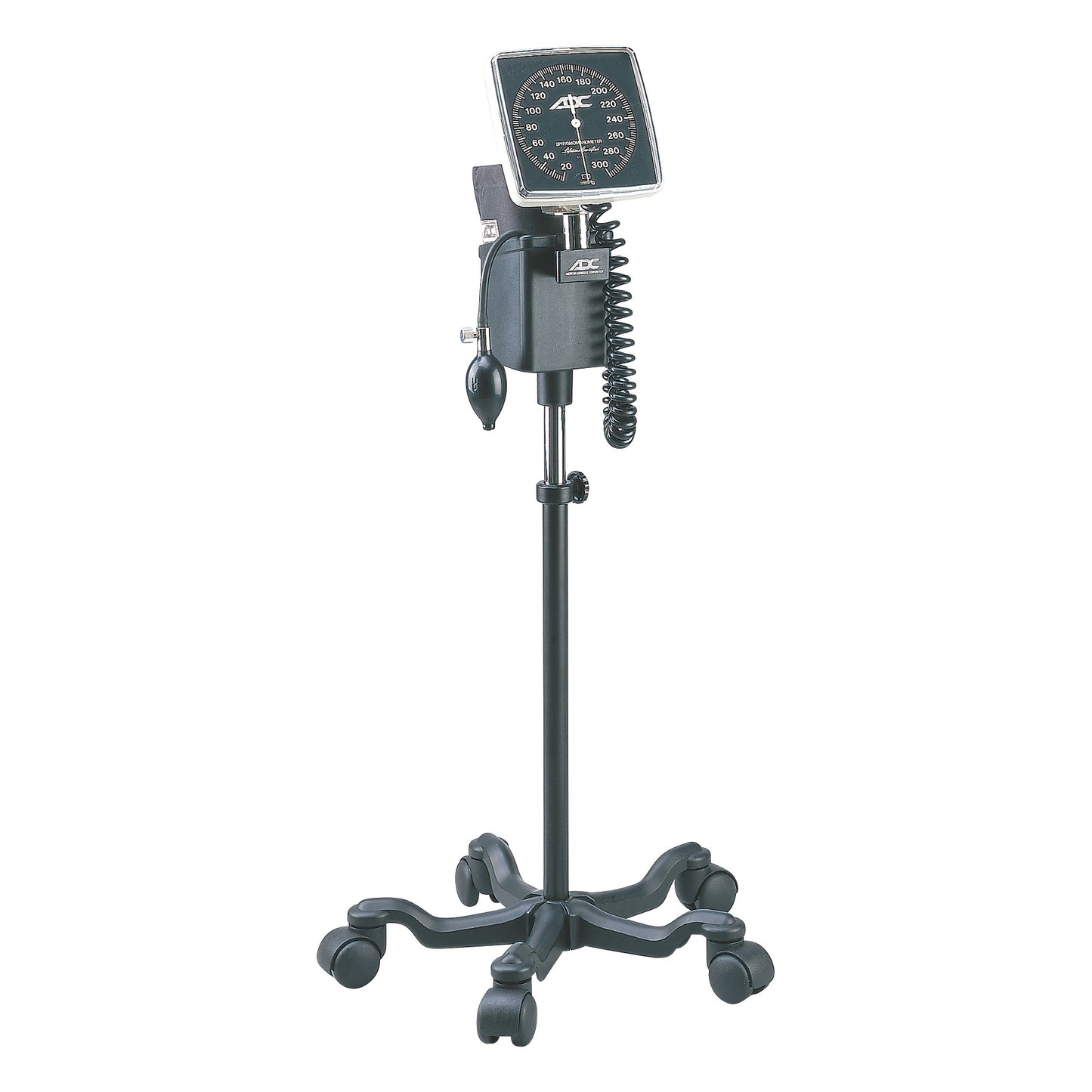 ADC Diagnostix 752M Mobile Aneroid Sphygmomanometer with a dial gauge, inflation bulb, and coiled tubing on a wheeled stand.