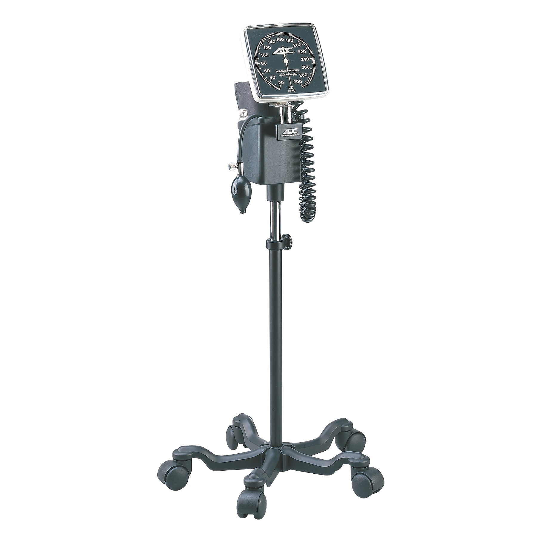 ADC Diagnostix 752M Mobile Aneroid Sphygmomanometer with a dial gauge, inflation bulb, and coiled tubing on a wheeled stand.