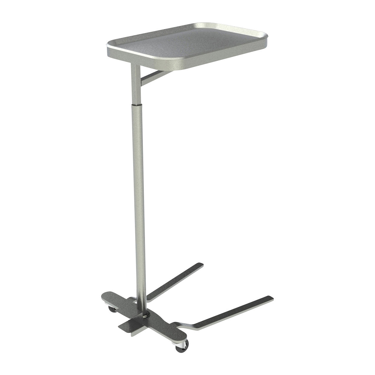 The UMF Mayo Instrument Stand is a metallic, adjustable medical stand with a rectangular tray and two wheels for mobility.