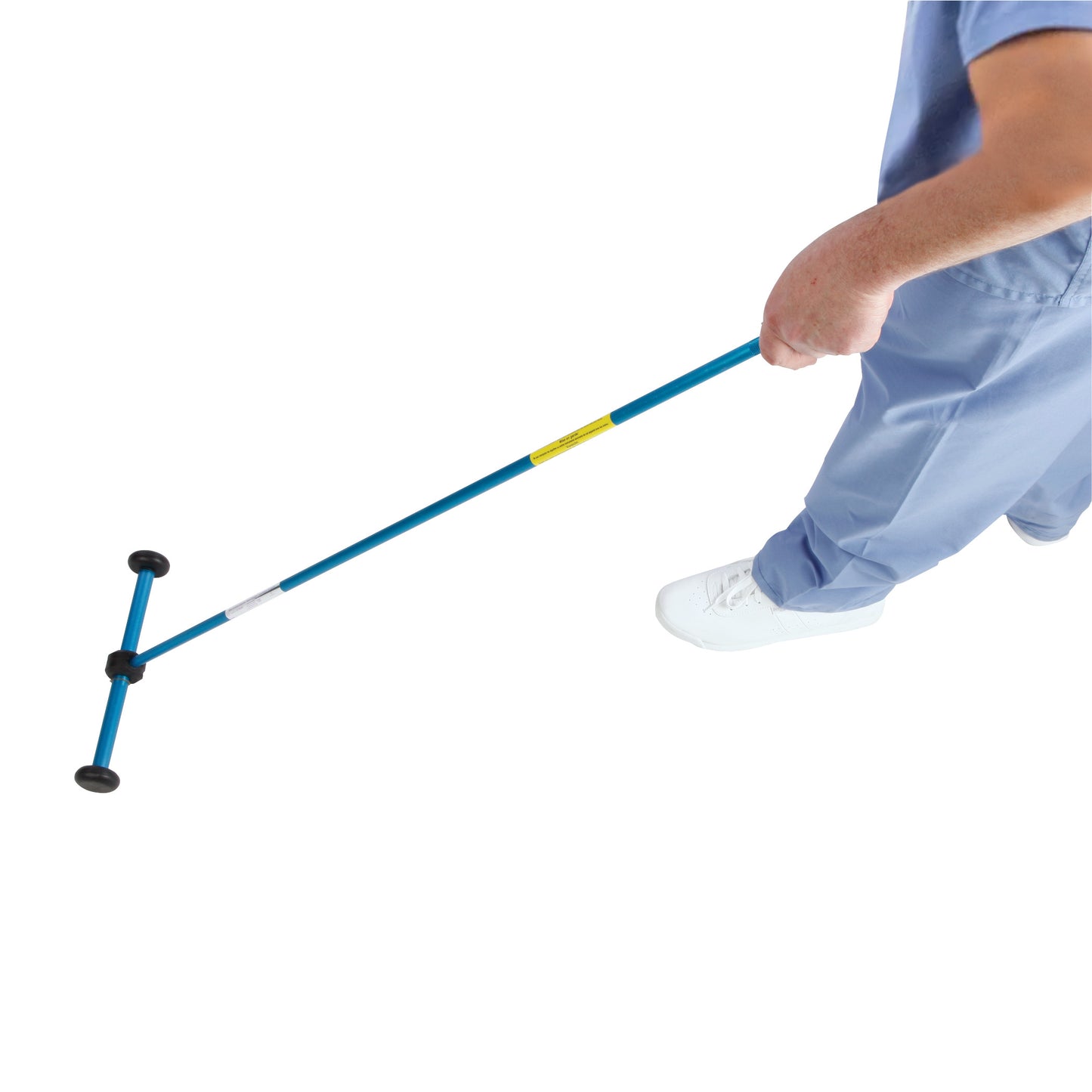 Person in blue scrubs using a Magnetic Needle Finder, a long blue stick with a T-shaped magnetic end, on a white background.