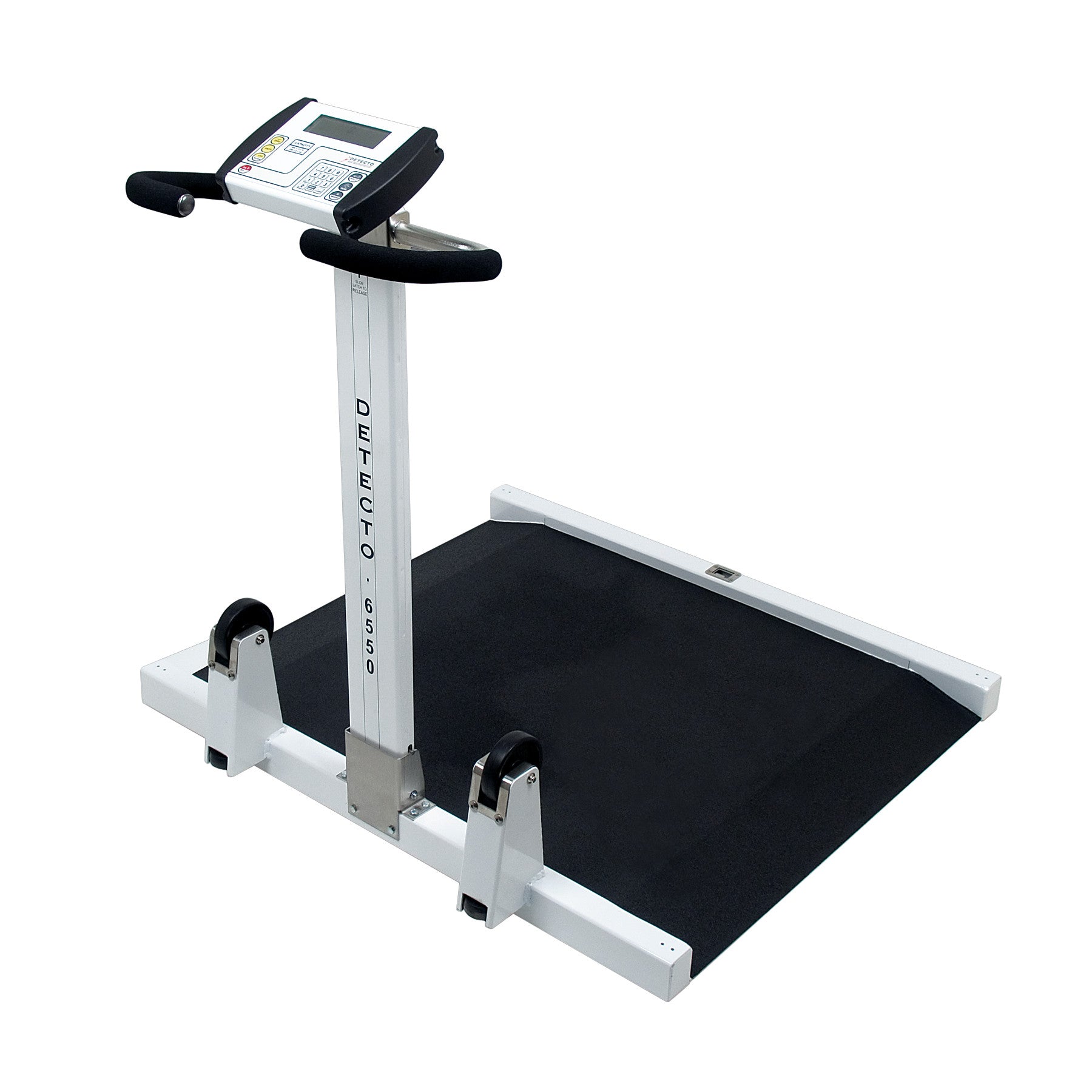 A DETECTO Portable Wheelchair Scale features a digital display, handles, and a large black platform designed for wheelchair use.