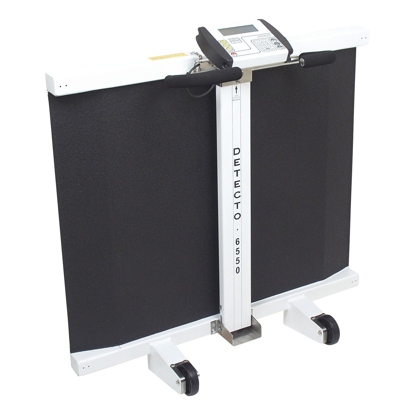 The DETECTO Portable Wheelchair Scale features a digital display and foldable platform with wheels for easy transport and storage.