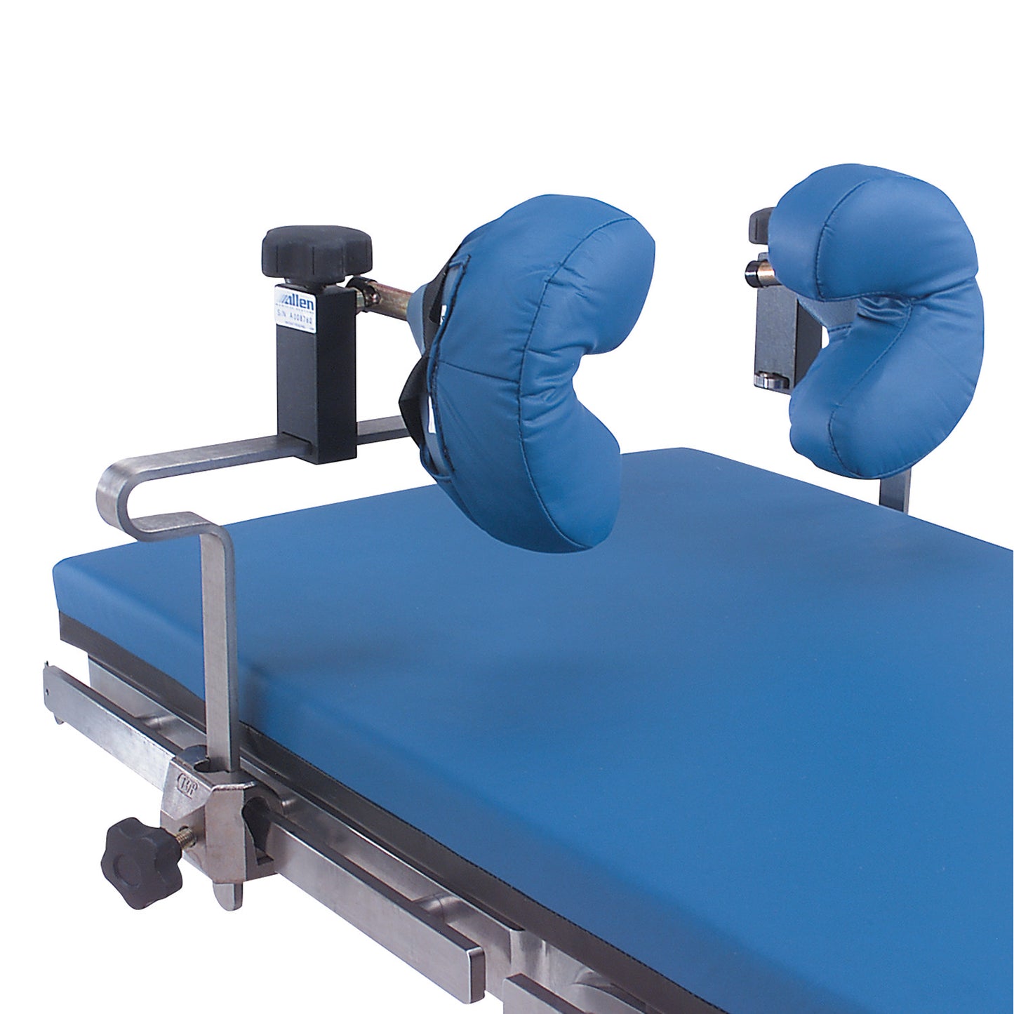 The Allen Shoulder Support features padded cushions and adjustable arms on a blue medical table for surgical positioning.