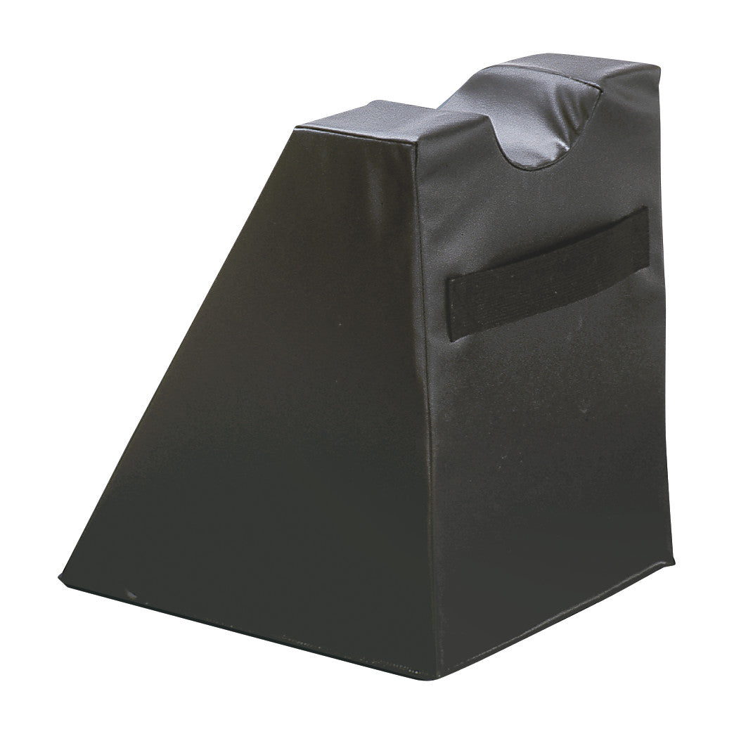 The AliMed High Foot Prepper is a black wedge-shaped support cushion with a cutout and a strap on its side for stability.
