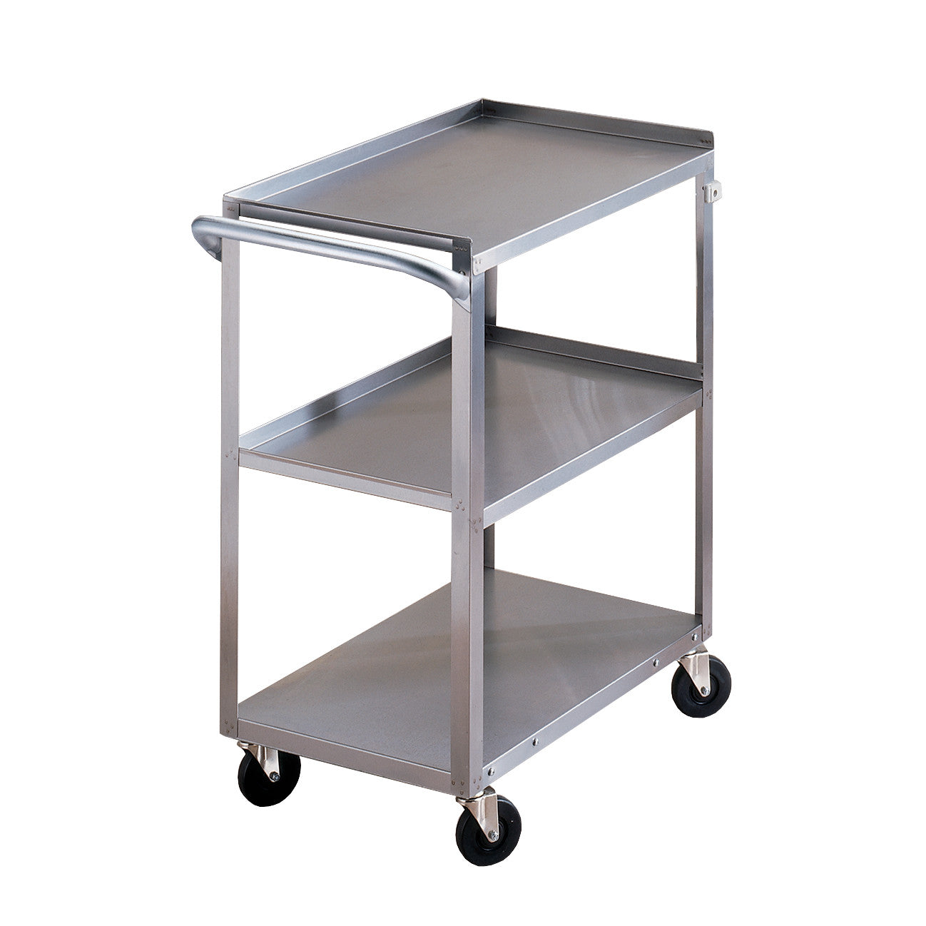 Brewer Stainless Steel Utility Cart with three shelves and wheels, featuring a handle for easy maneuverability.