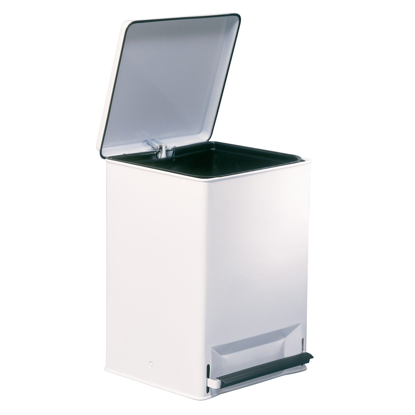 The AliMed Step-On Waste Can is open with a pedal at the base for hands-free operation, featuring a rectangular design and white color.