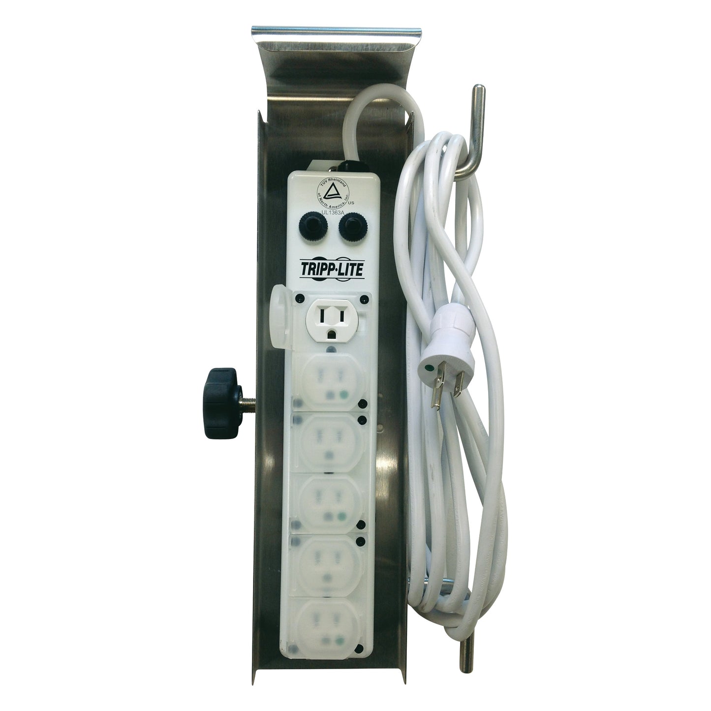 Power Strip for Pedigo Infusion Pump Stand with multiple outlets, two switches, a power cord, and a mounting bracket.