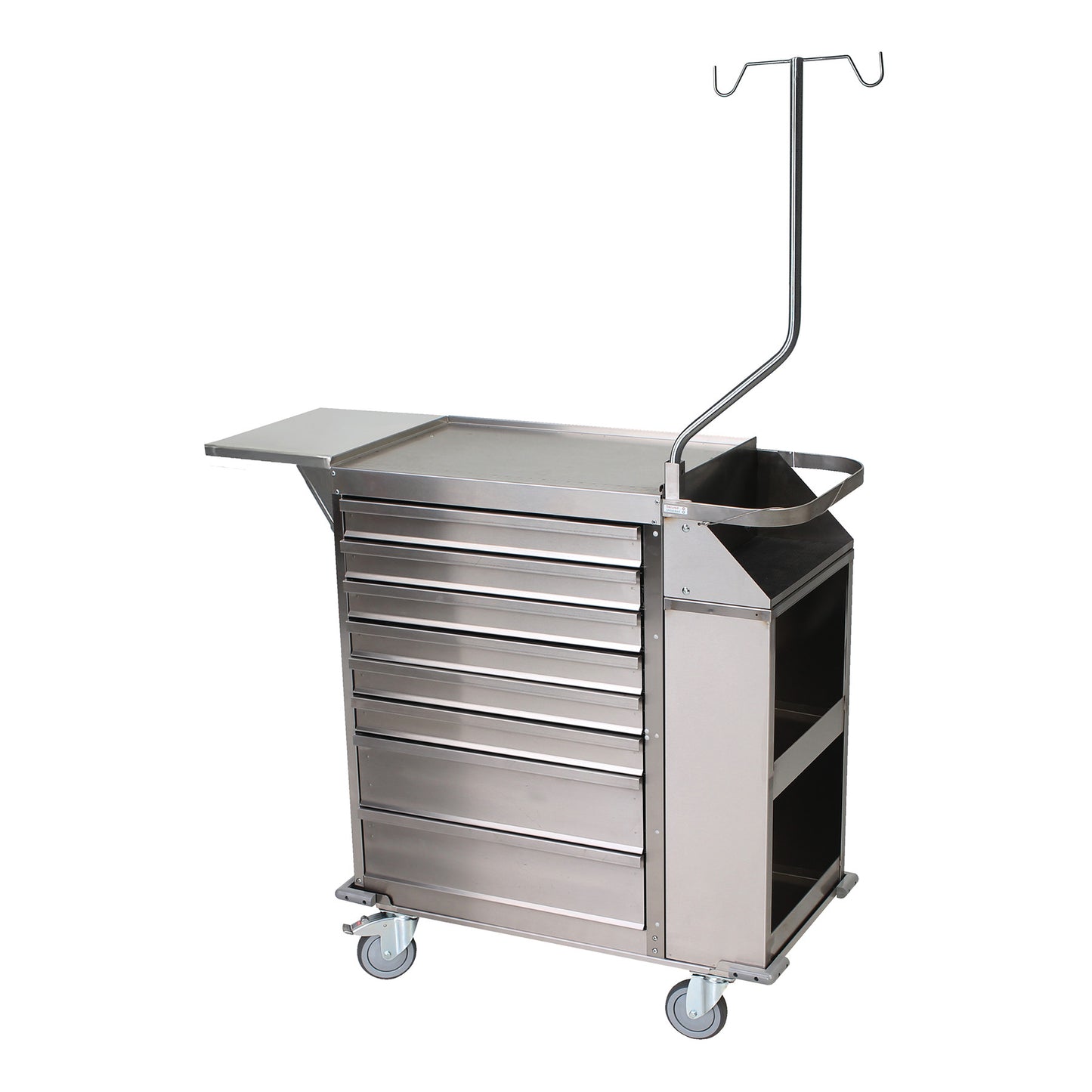 Harloff 8-Drawer Stainless Steel Orthopedic Cast Cart with side tray, IV pole, and wheels for mobility.