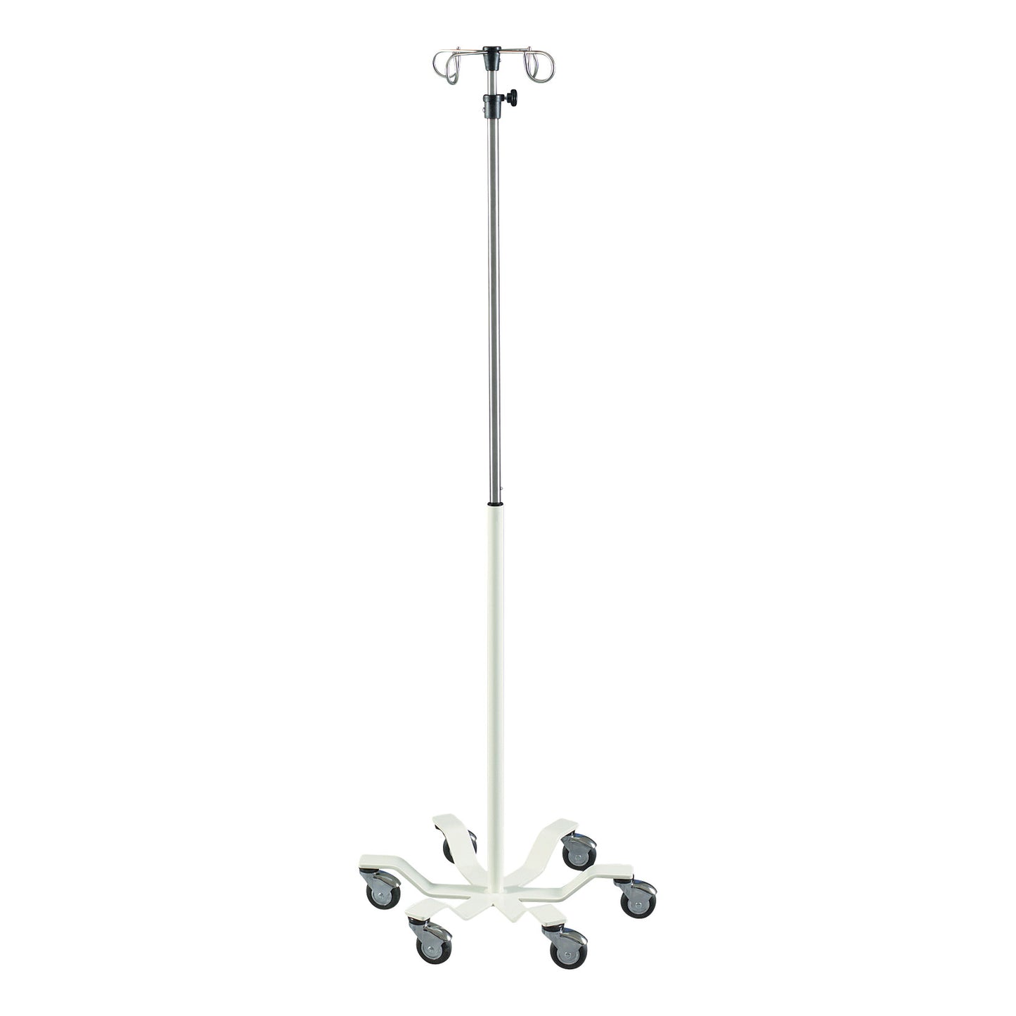 Pryor Heavy Duty IV Pole with a sturdy metal frame, four hooks, and a base with six caster wheels for easy mobility.