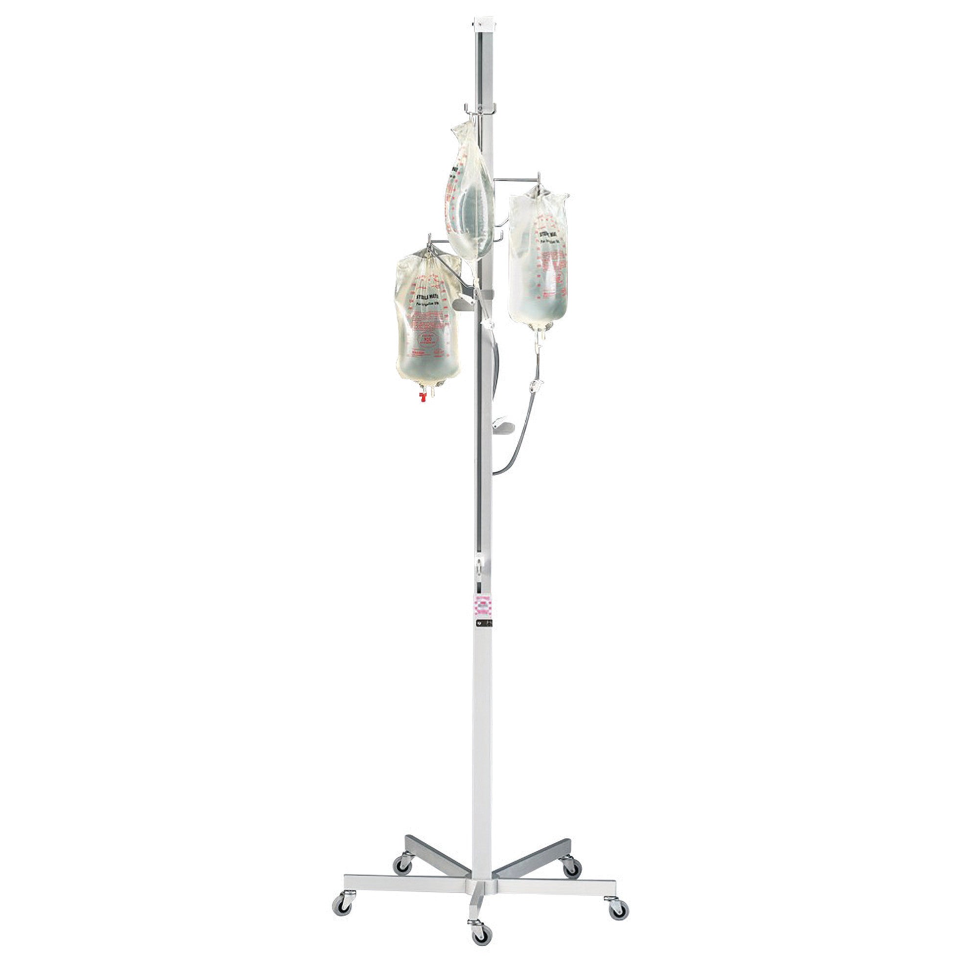 The Saf-T-Pole Four-Channel Irrigation Tower System features a mobile stand with three attached irrigation bags on hooks.