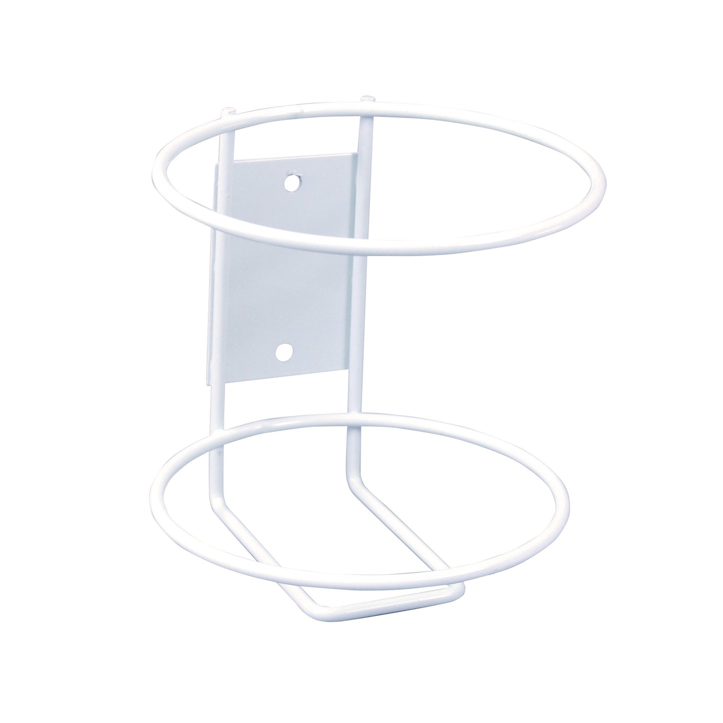 The Hold-It Wipes Canister Holder is a white metal holder with two circular support rings and a backplate with mounting holes.