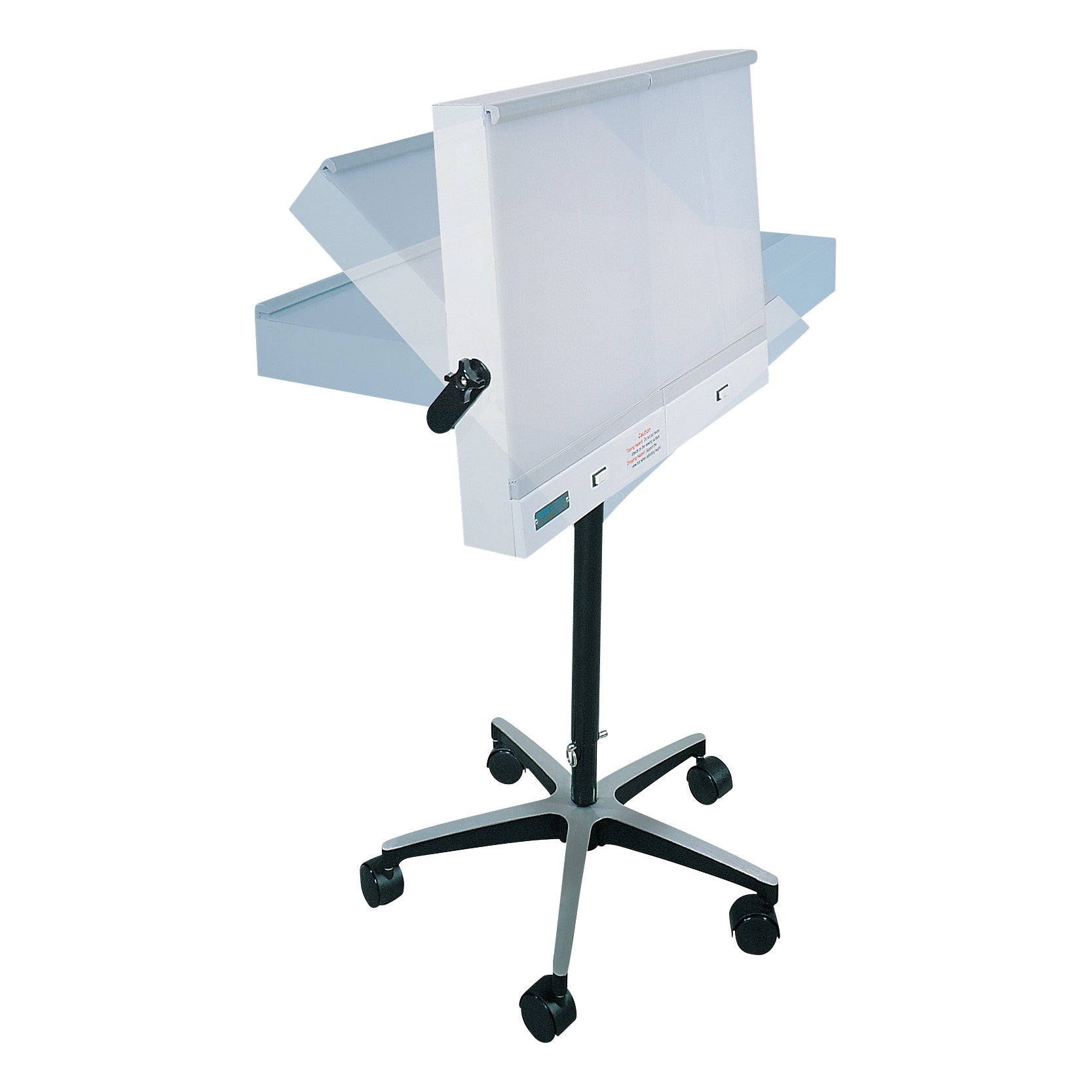 The Porta View Portable X-Ray View Box on a stand with wheels, featuring a tilting white screen and an adjustable height handle.