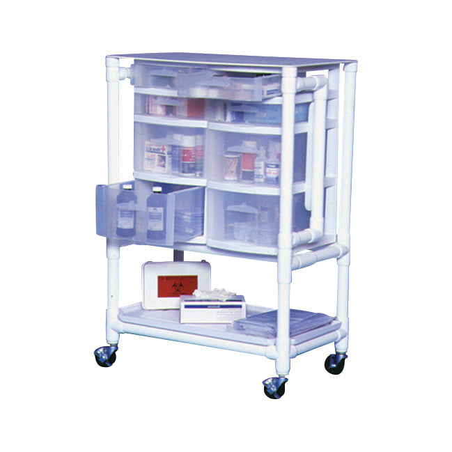 MRI Nursing Supply Cart with transparent drawers containing medical supplies and bottles, on wheels for easy mobility.