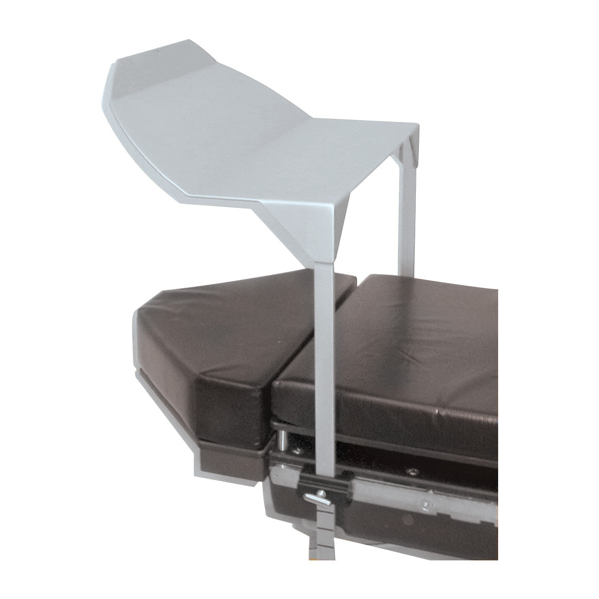 A medical table accessory called Head Butler with a metal frame and padded black cushion, designed for head support and adjustment.
