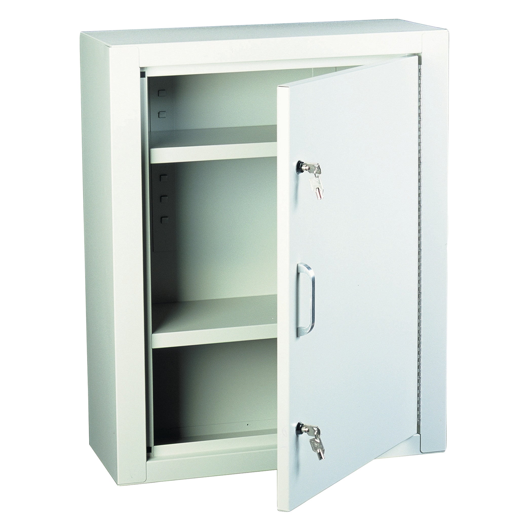 Harloff Narcotics Box with an open door revealing two adjustable shelves and keys in the lock, featuring a handle on the door.