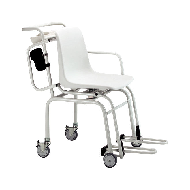 The seca 954 Chair Scale is a white medical chair with armrests, footrests, and caster wheels for mobility.