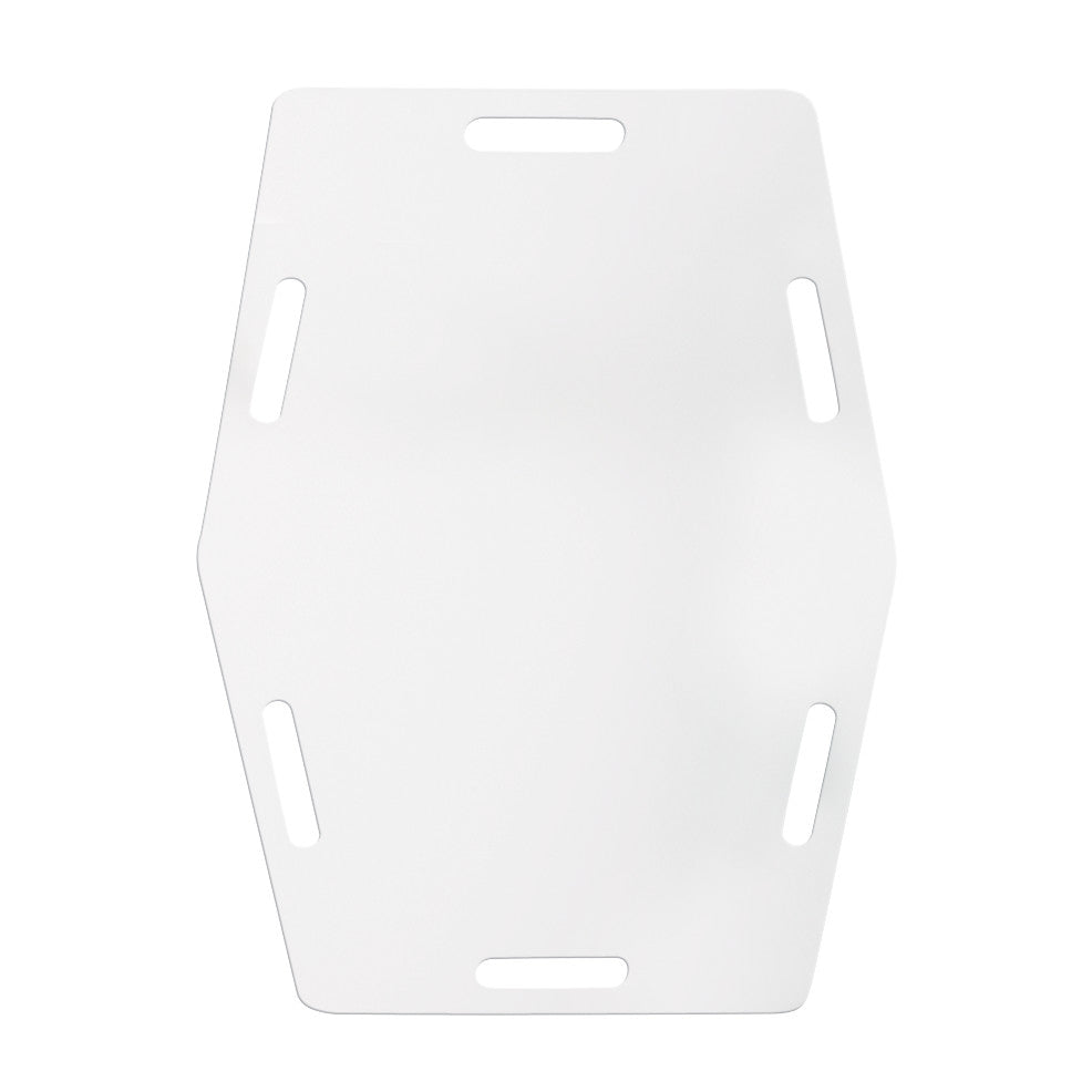 The image shows an AliMed AliSlide Half Shifter, a white plastic transfer board with six elongated hand slots for patient moving.