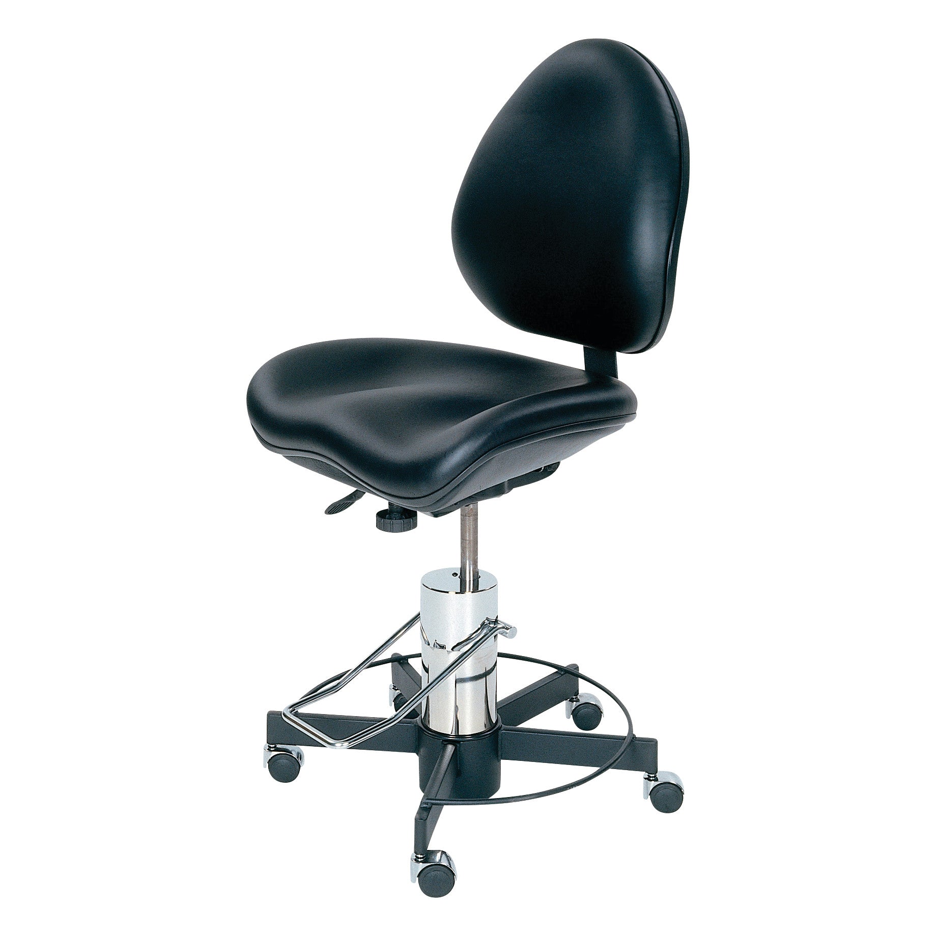 The ergoGenesis BodyBilt Stool features a black cushioned seat and backrest, adjustable height, and a metal base with wheels.
