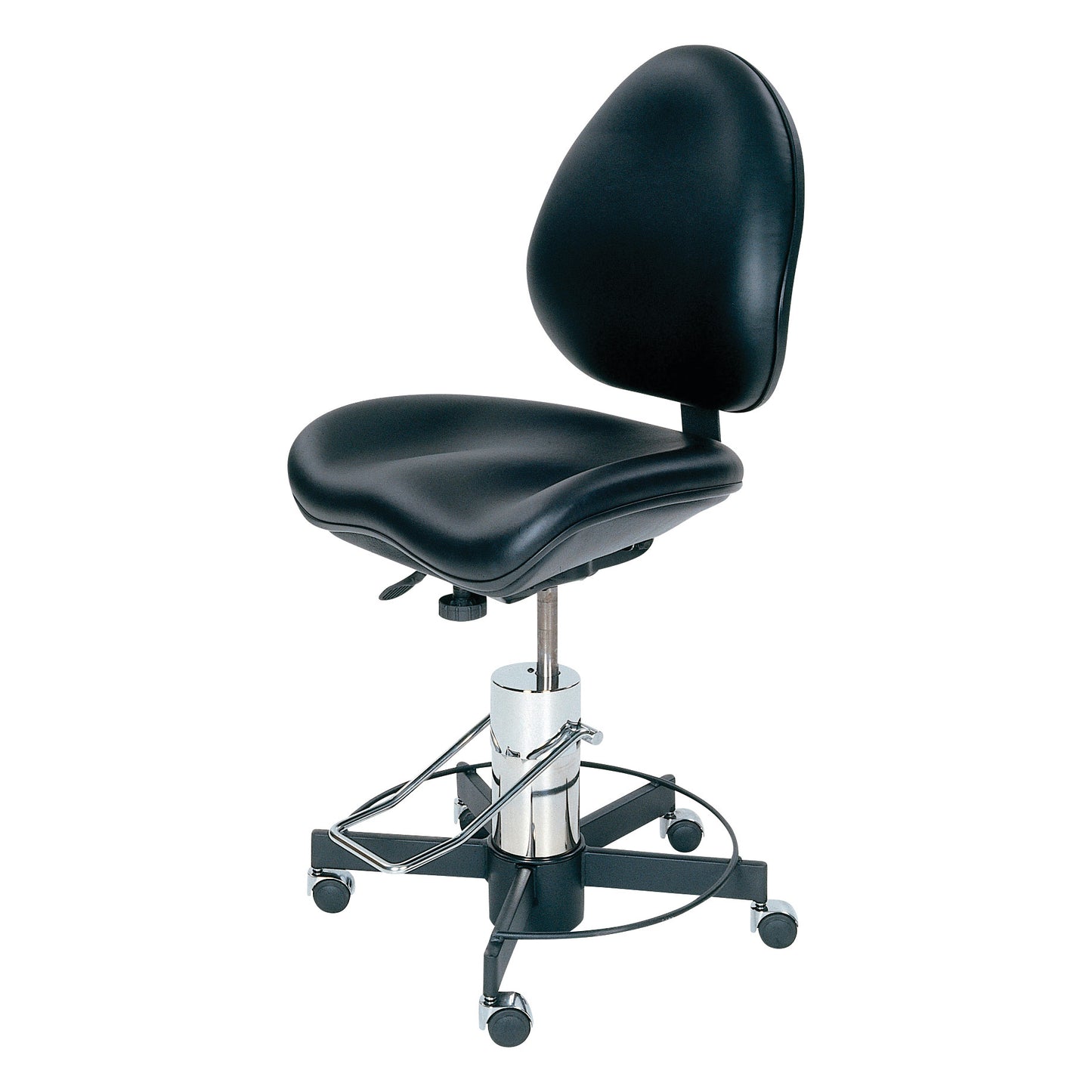 The ergoGenesis BodyBilt Stool features a black cushioned seat and backrest, adjustable height, and a metal base with wheels.