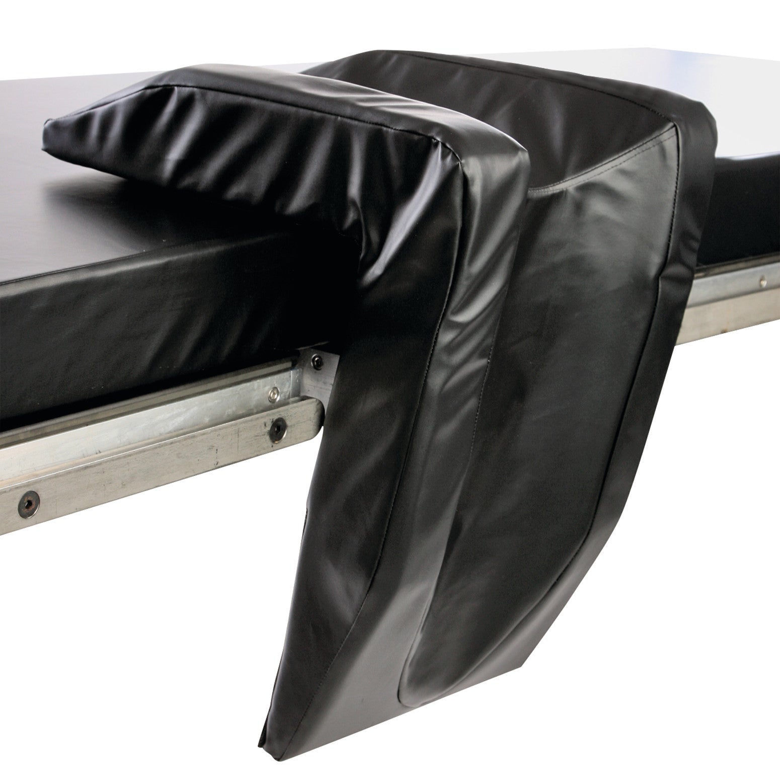The AliMed Arthroscopic Covered Well-Leg Holder is attached to a table, featuring black cushioned padding for leg support.