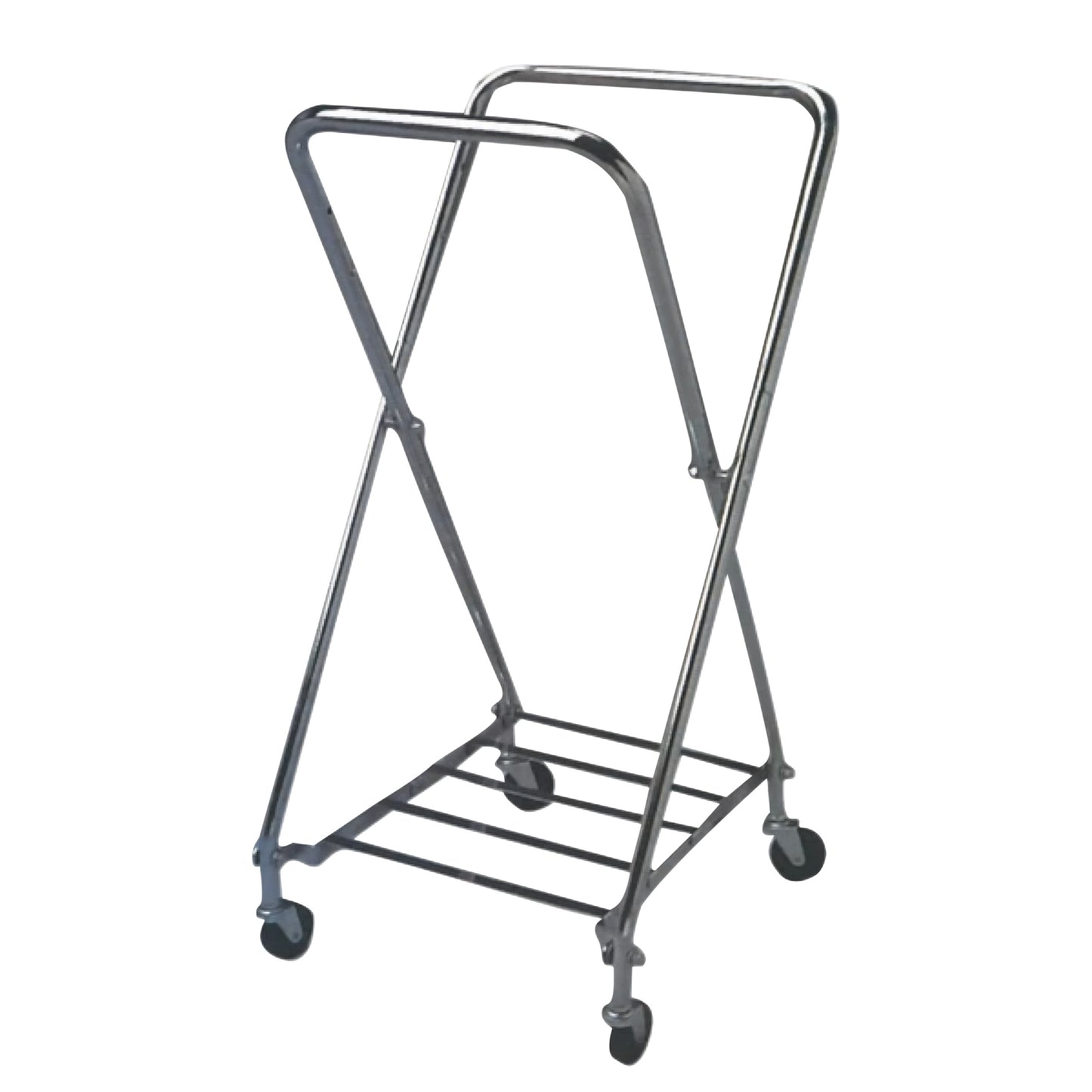 The Adjustable Open Hamper Stand features a metal frame with four wheels and is designed for holding and transporting laundry.
