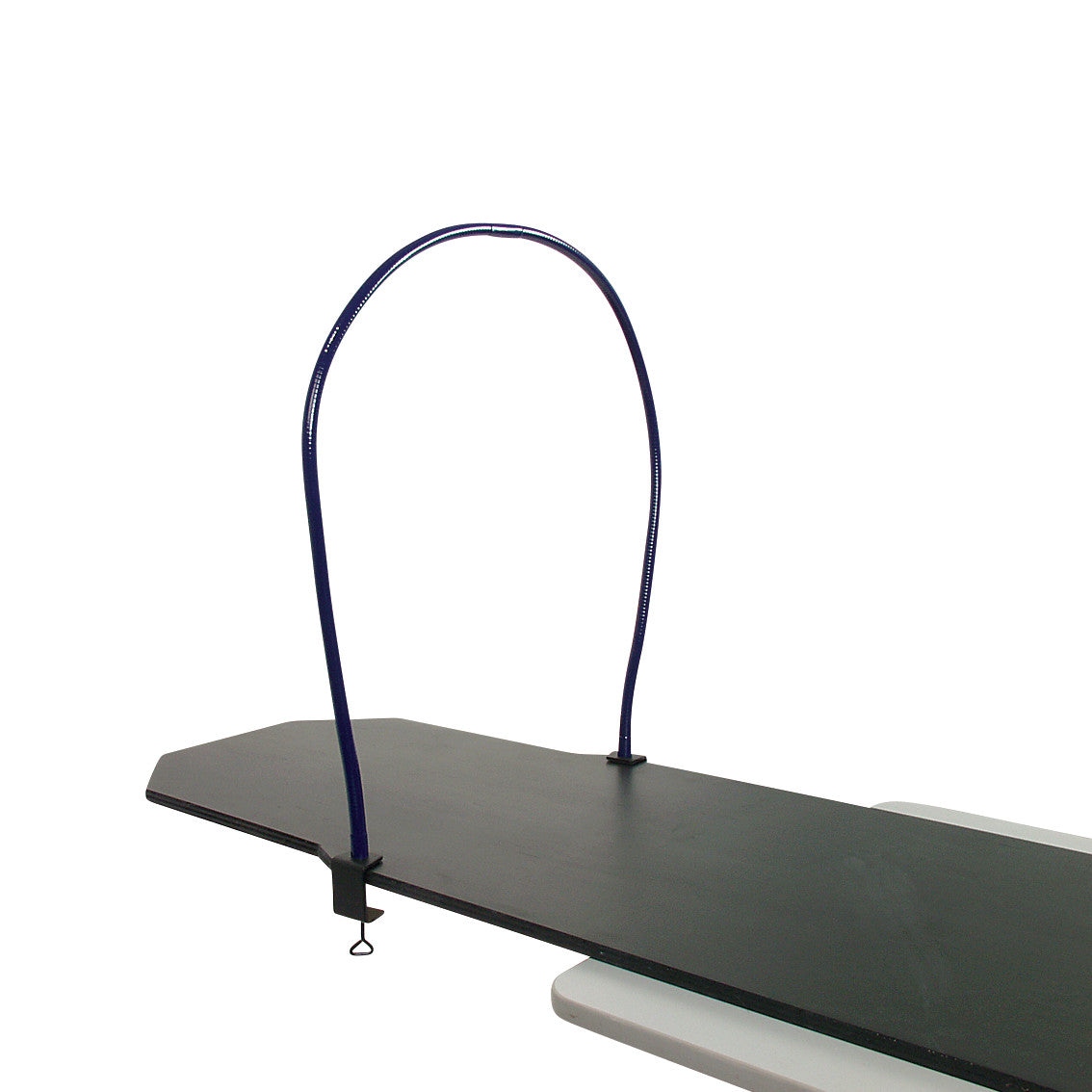 The C-Clamp Malleable Anesthesia Screen is attached to a flat surface with a curved metal rail extending upwards.