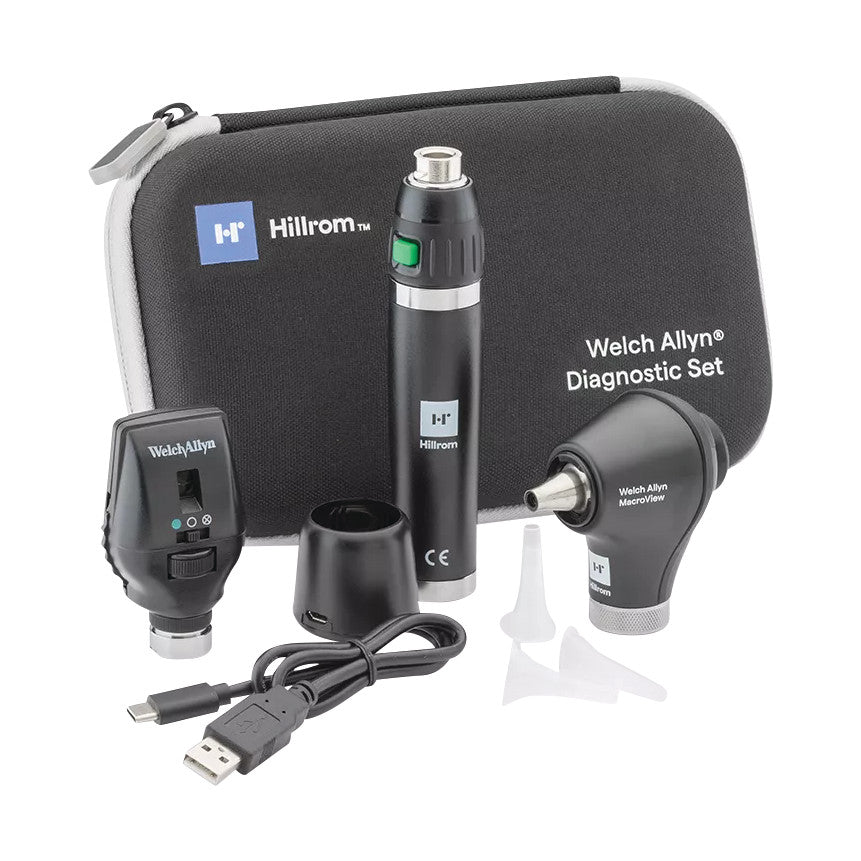 Welch Allyn 3.5V Halogen Diagnostic Set includes otoscope, ophthalmoscope, charging base, USB cable, and carry case.
