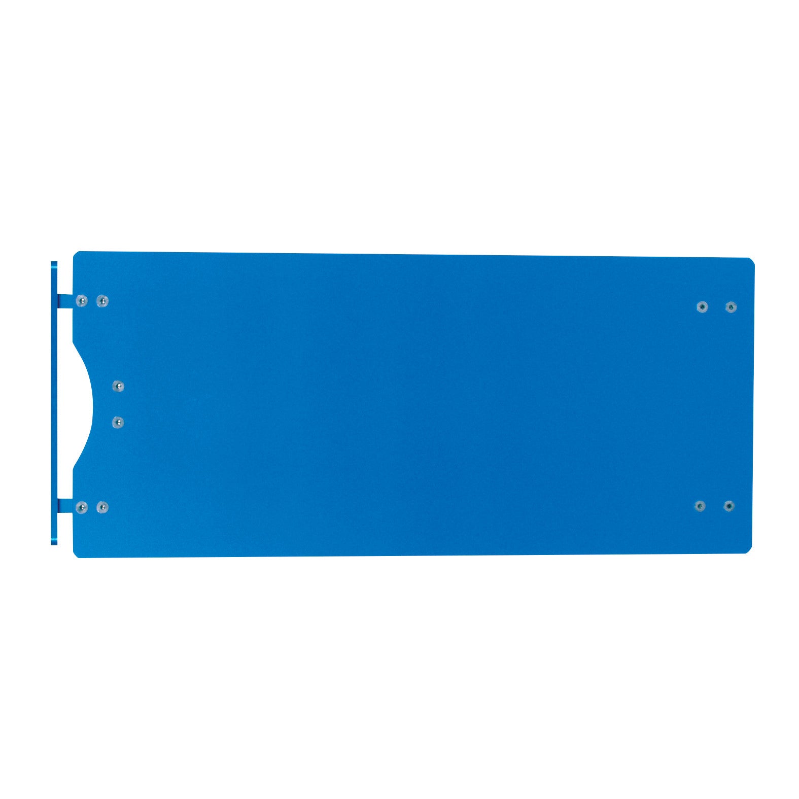 The AliMed Rectangular Rhino Board Hand Table is a blue, rectangular surface with a cutout and multiple screw holes for attachment.