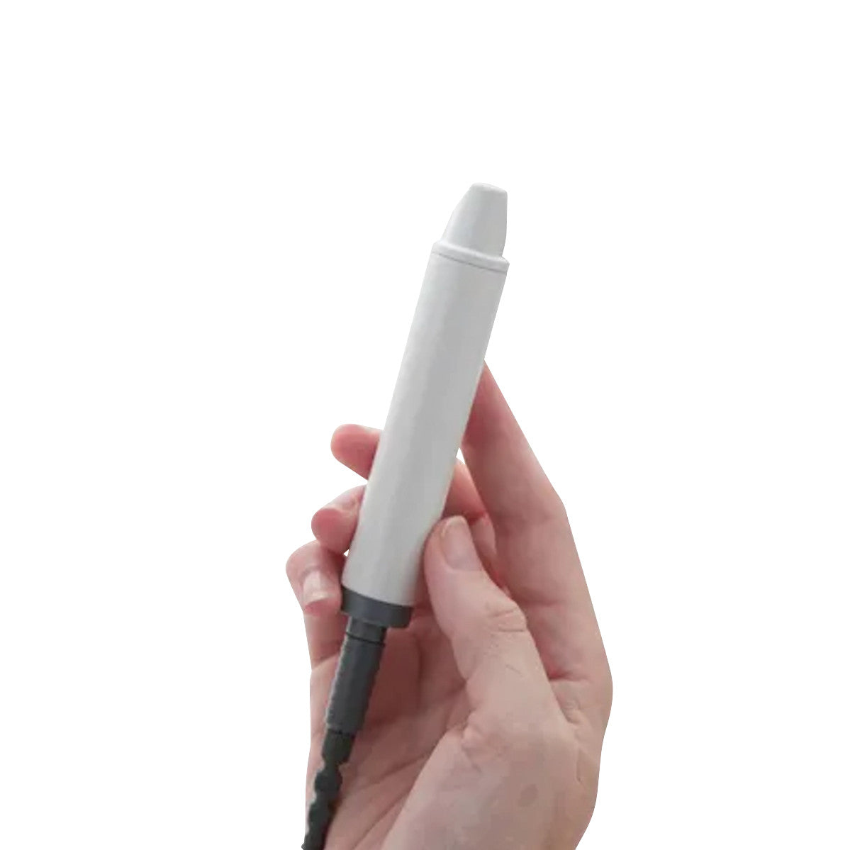 A hand holds the EZ8 Wide Beam Probe for Huntleigh Mini Dopplex (D900) with a white body and black cable against a white background.