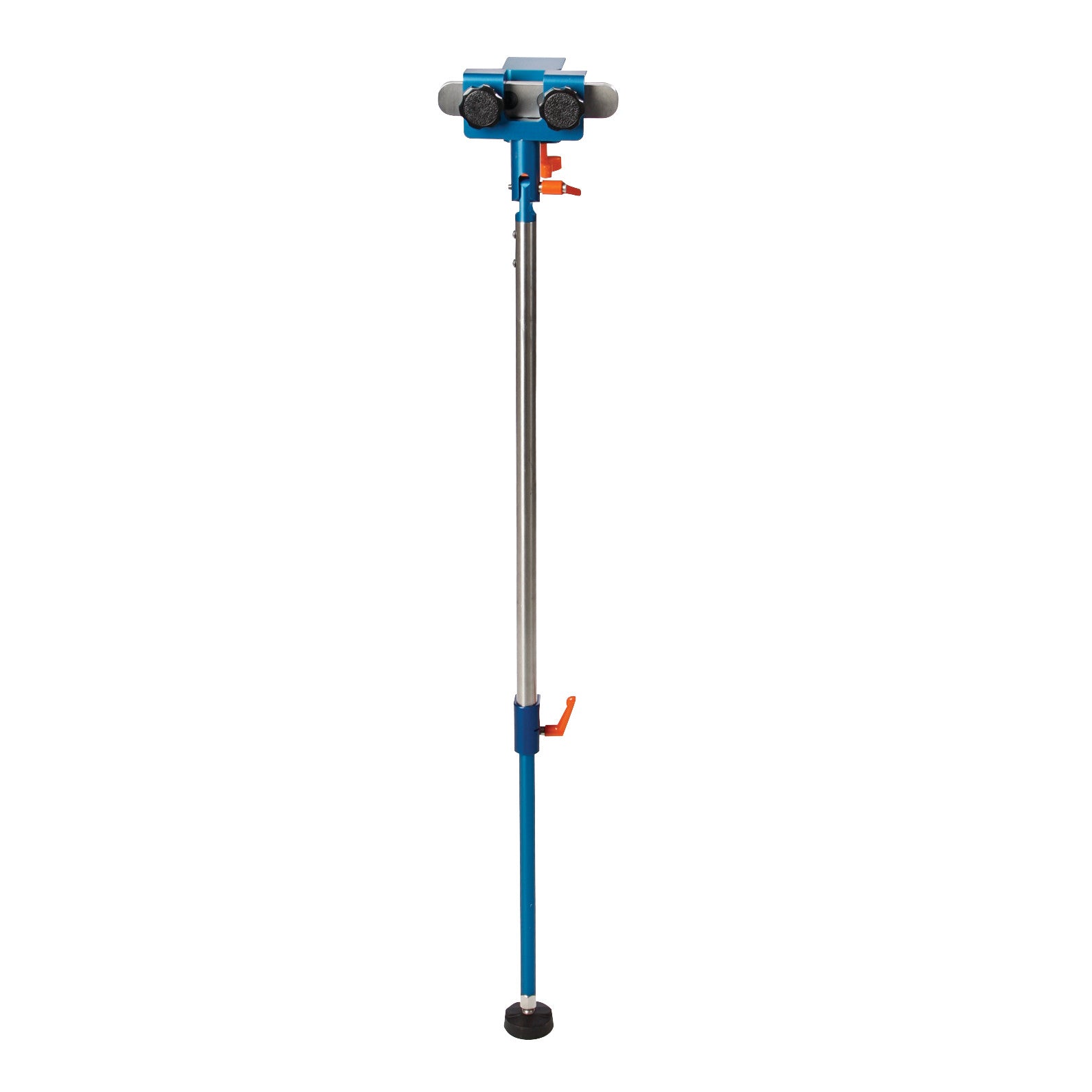 Attachable Hand Table Leg with a telescopic design, blue and silver coloring, orange clamps, and a wide rubber foot for stability.