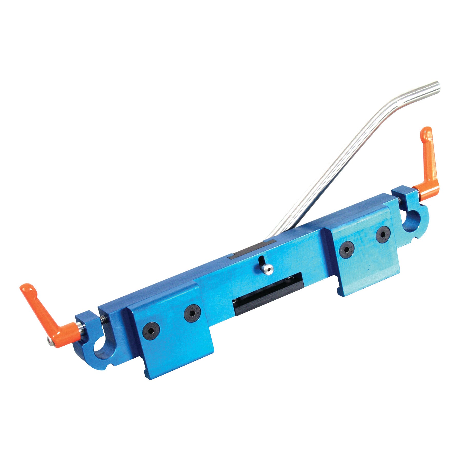 The AliMed Quick-Snap Table Clamp is a blue metal device with orange handles and a silver rod, designed for secure table attachments.