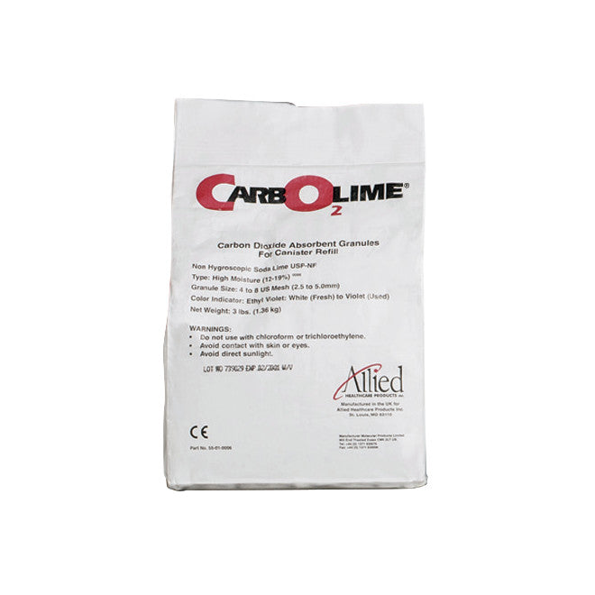 Refill Bag for CARBOLIME Carbon Dioxide Absorber with product details and warnings printed on the front.