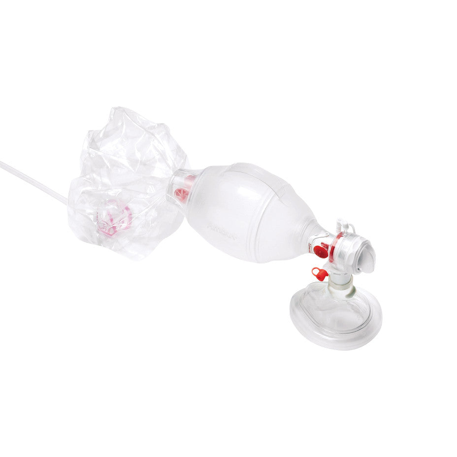 Single-Patient-Use Ambu-Bags/Manual Resuscitator with a clear silicone bag, oxygen reservoir, and face mask for respiratory assistance.