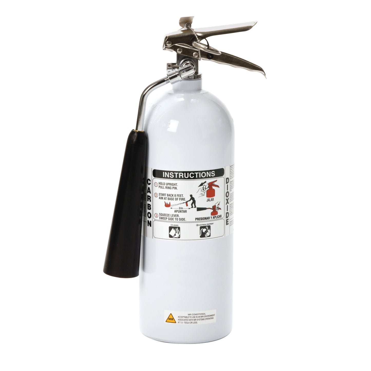 A white MRI Tested Rechargeable Fire Extinguisher with a black handle and detailed usage instructions on its label.