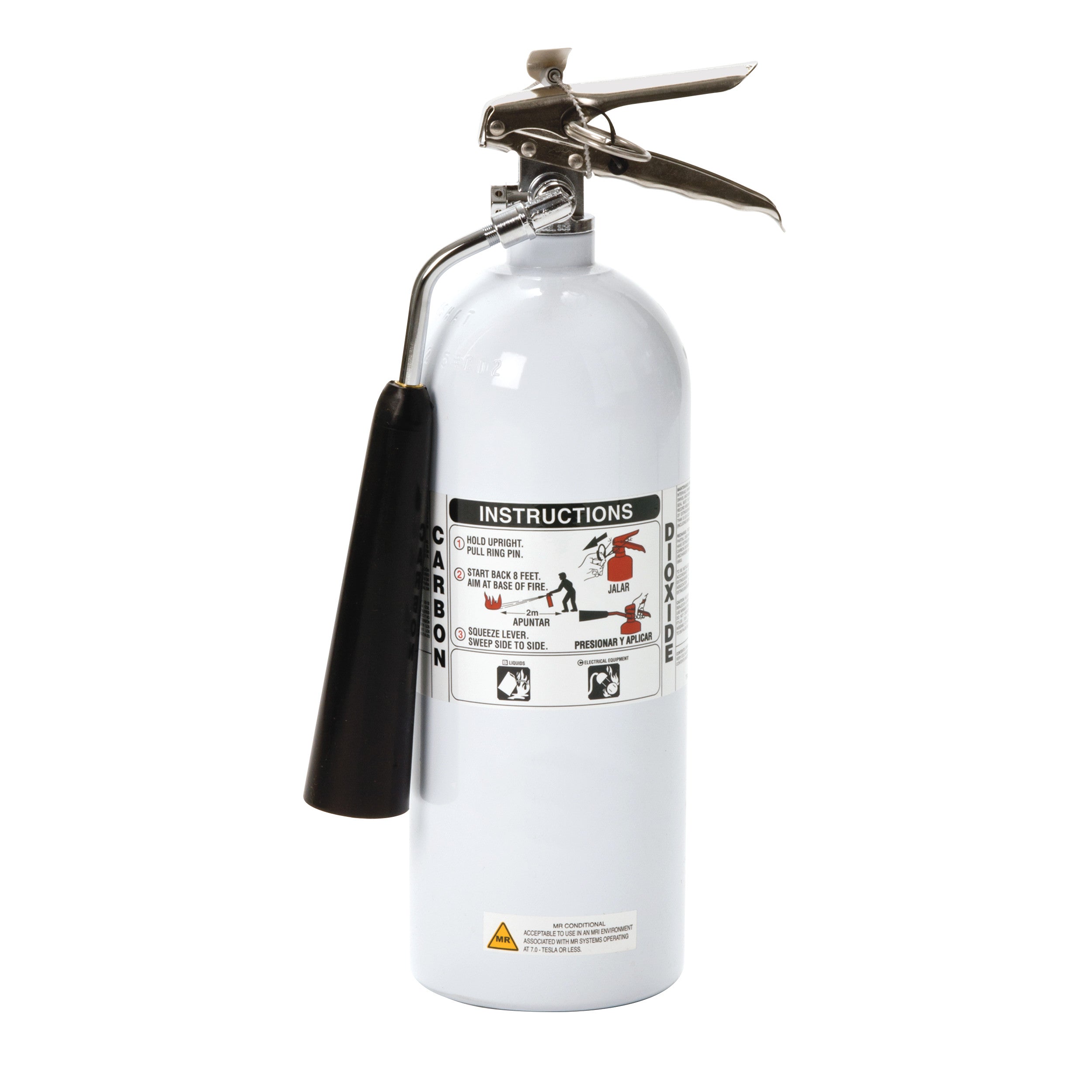 A white MRI Tested Rechargeable Fire Extinguisher with a black handle and detailed usage instructions on its label.