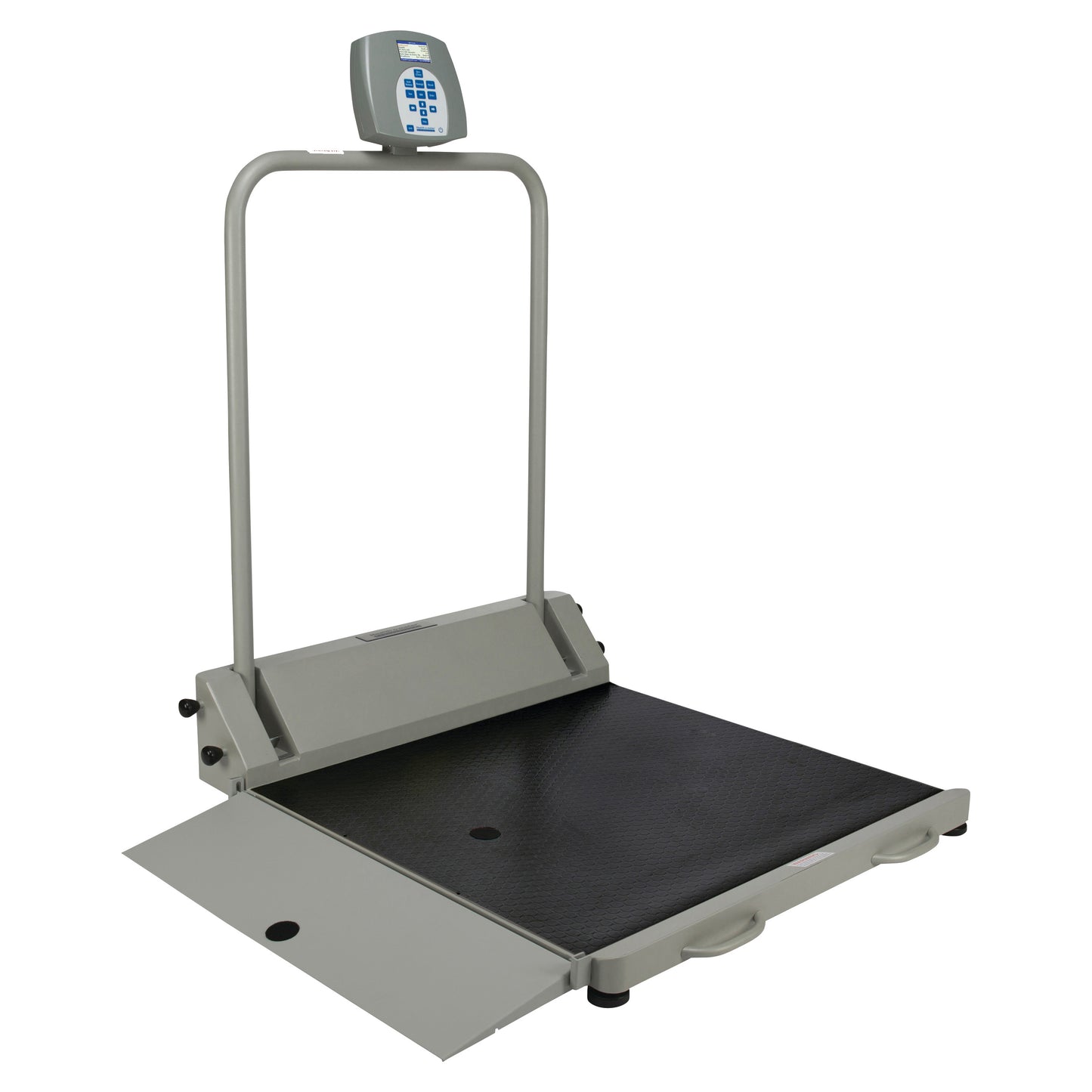 Health o meter Digital Wheelchair Ramp Scale with Everlock, featuring a black platform, ramp, tall handle, and digital display.