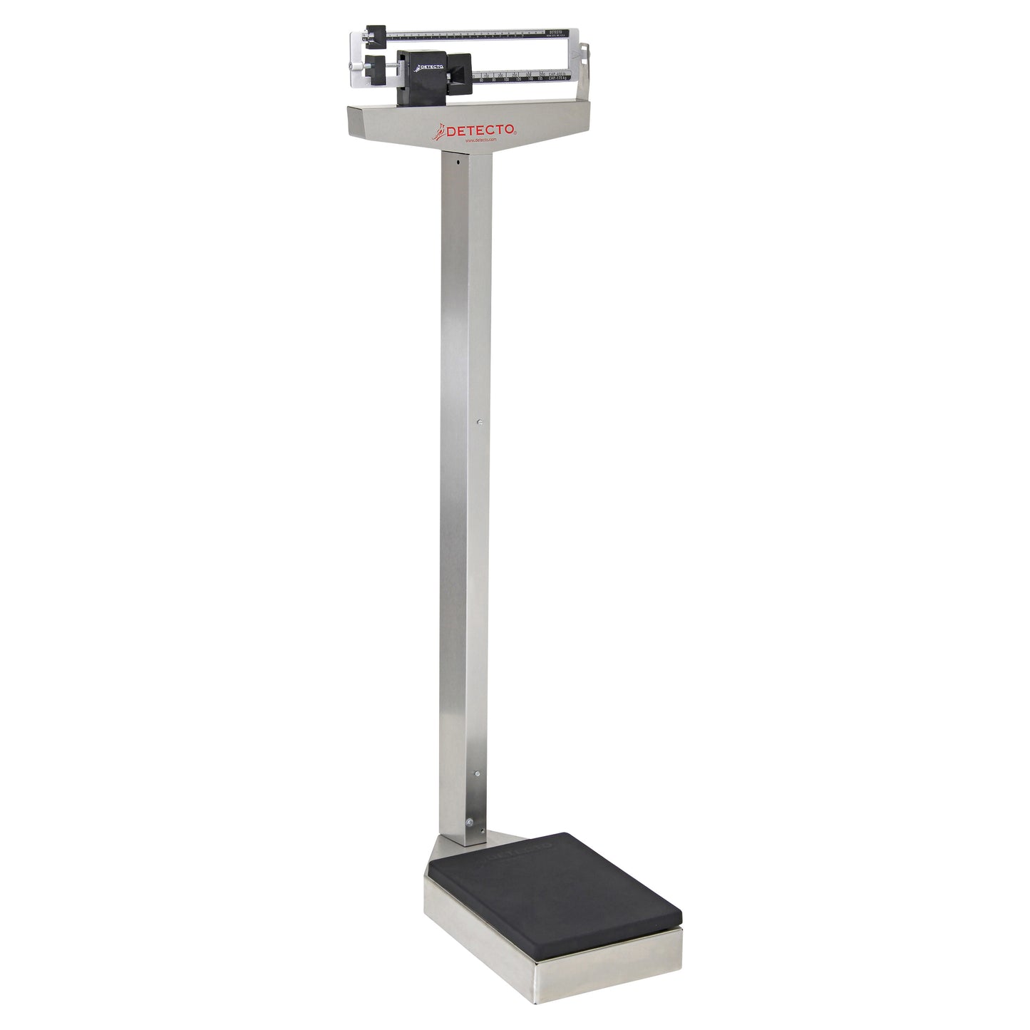 A DETECTO Mechanical Balance Beam Scale with a tall metal beam, sliding weights, and a black platform for weighing individuals.