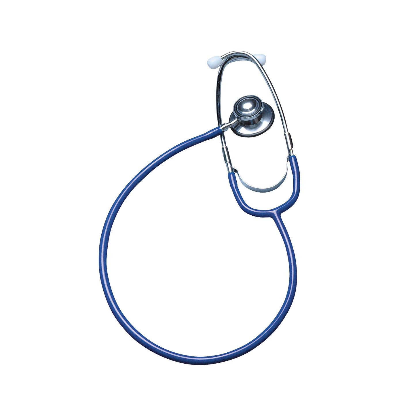 The Lightweight Dual-Head Stethoscope with a blue tube is coiled on a white surface, featuring a diaphragm and eartips.