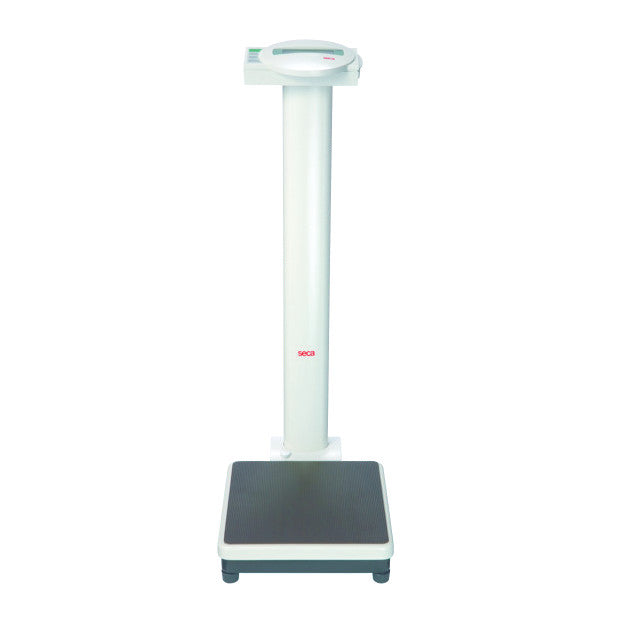 Seca 769 Electronic Column Scale with a tall white column and a black platform designed for measuring weight in a clinical setting.