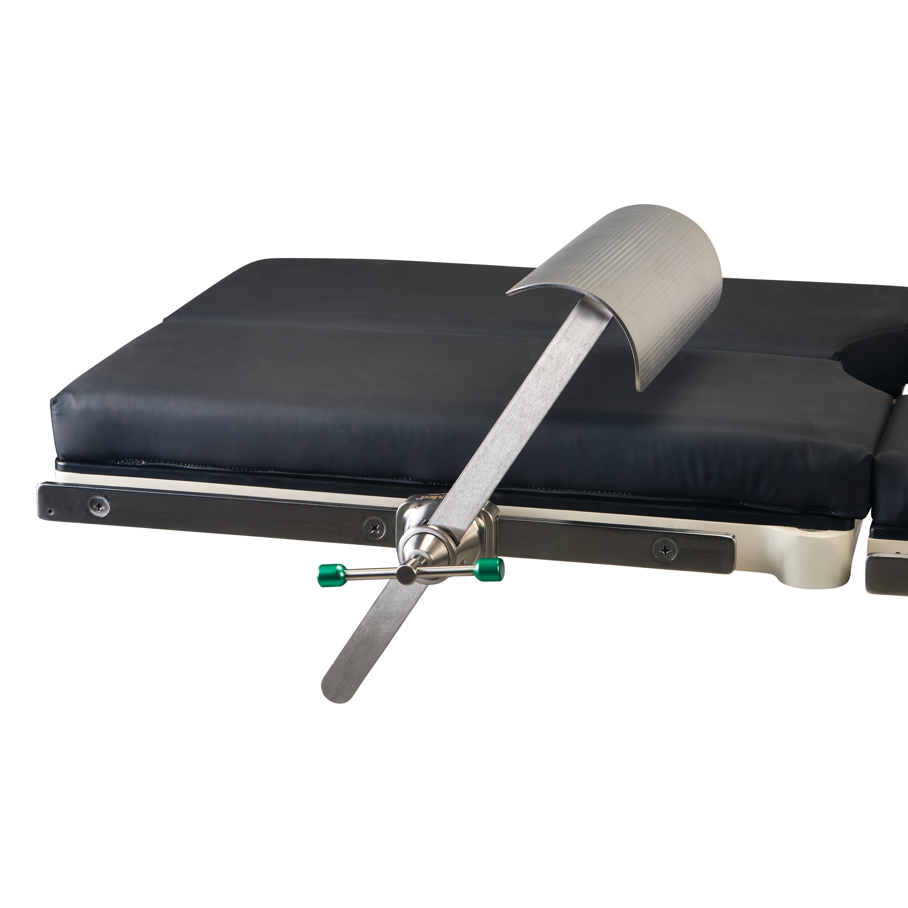 The AliMed TKR Footrest, a metal surgical accessory, is attached to an operating table with a cushioned support surface.