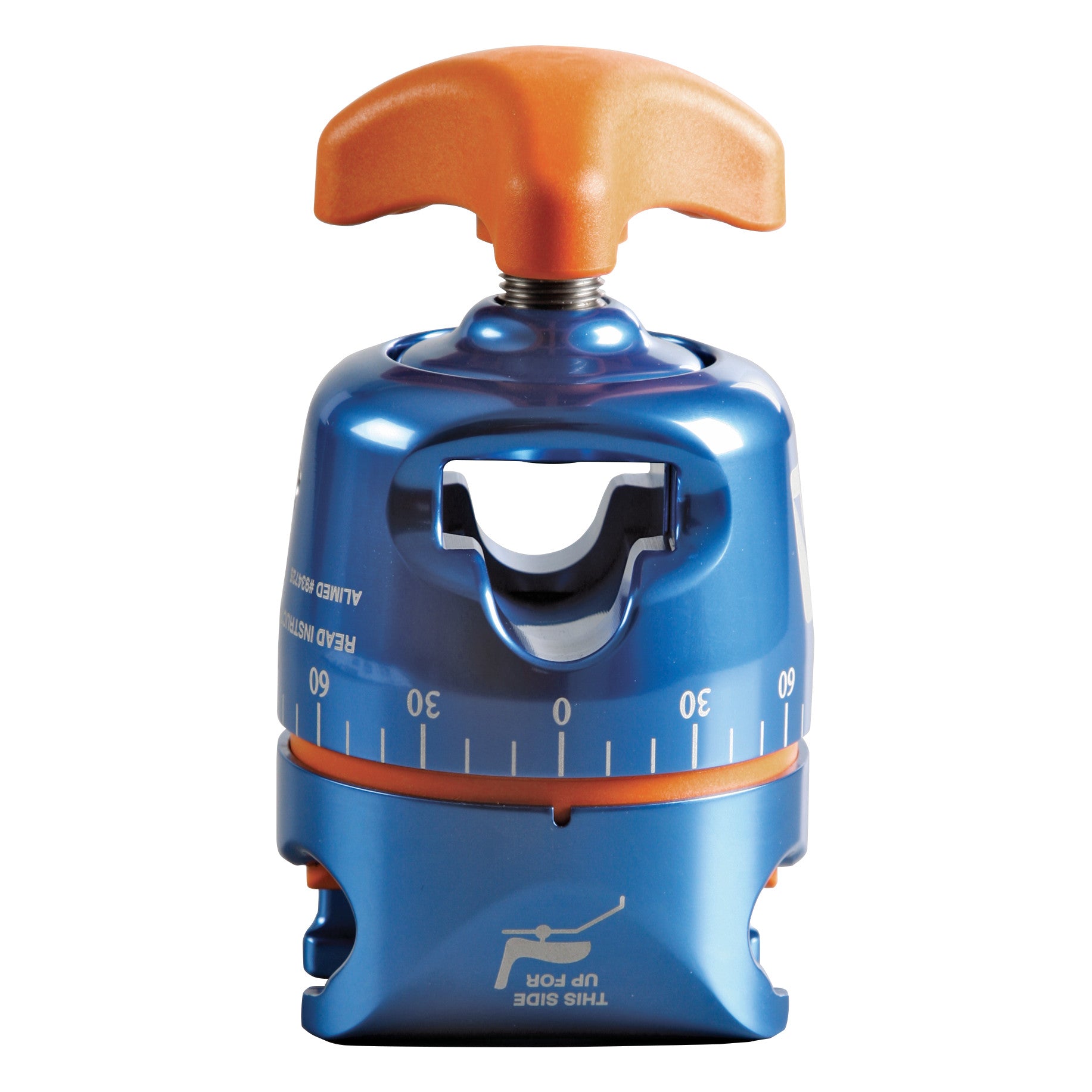 The AliMed FREEDOM Clark Socket Table Clamp is a blue and orange adjustable device with a handle and measurement markings.